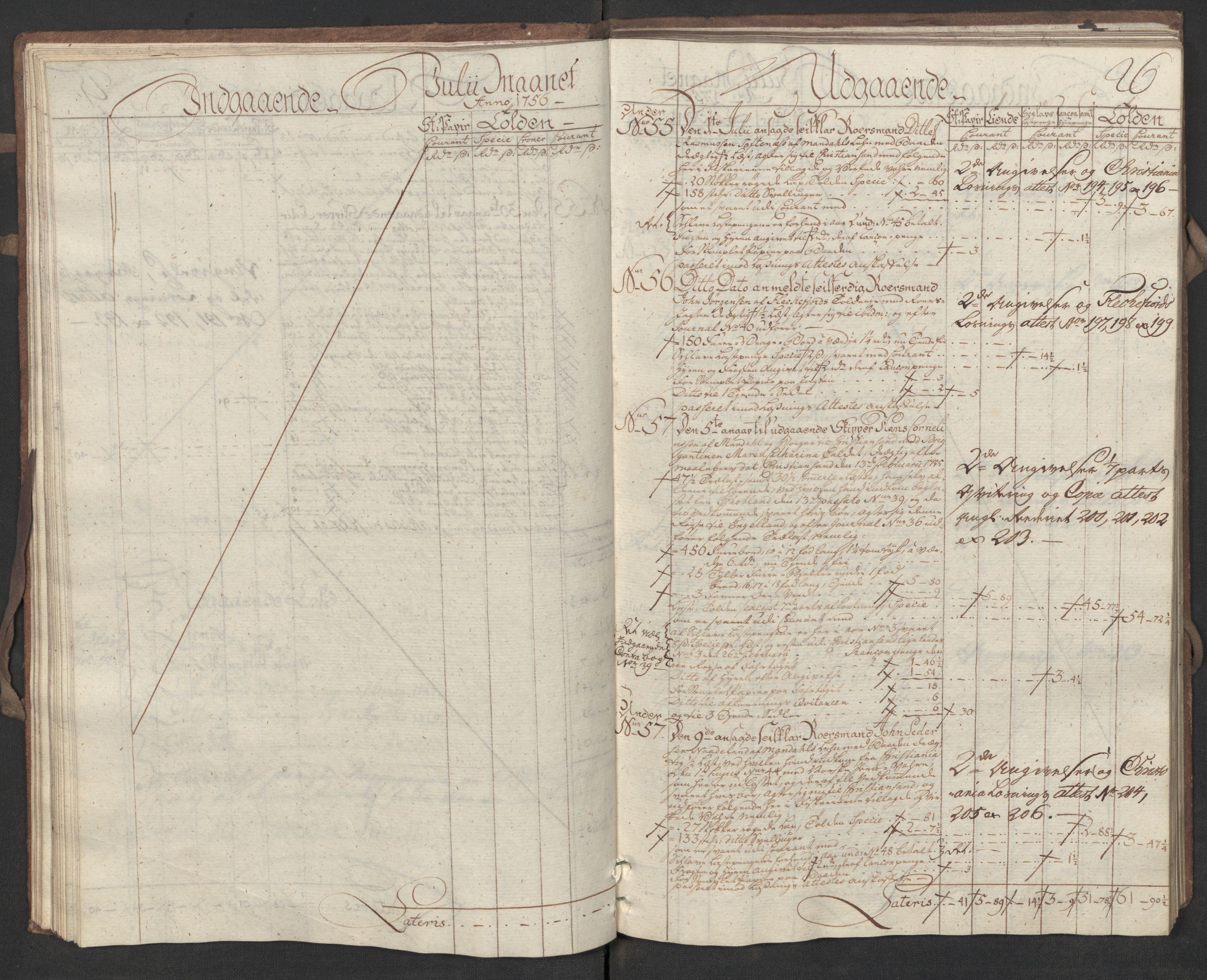 Generaltollkammeret, tollregnskaper, RA/EA-5490/R17/L0017/0002: Tollregnskaper Mandal / Utgående hovedtollbok, 1756, p. 25b-26a