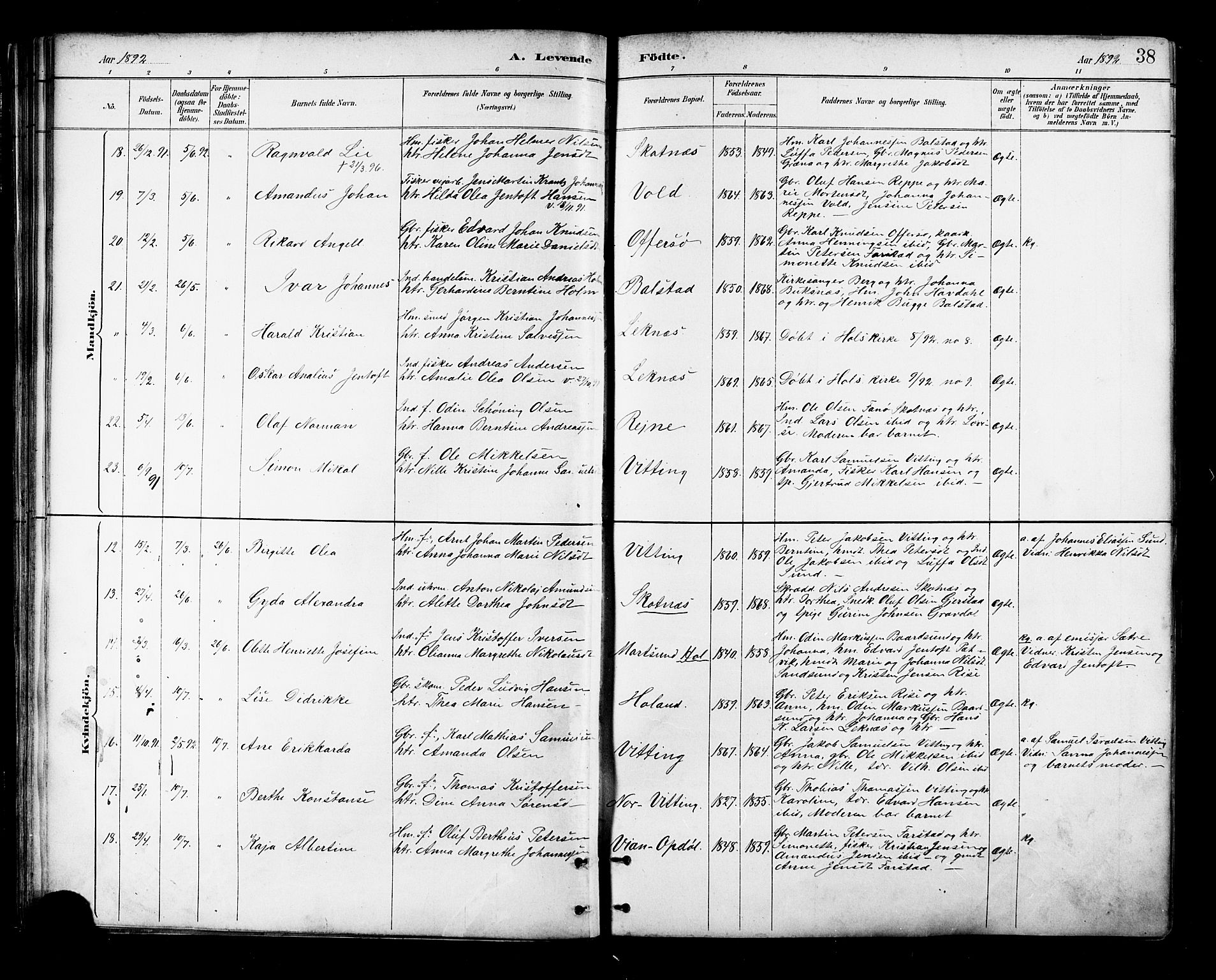 Ministerialprotokoller, klokkerbøker og fødselsregistre - Nordland, SAT/A-1459/881/L1167: Parish register (copy) no. 881C04, 1886-1899, p. 38