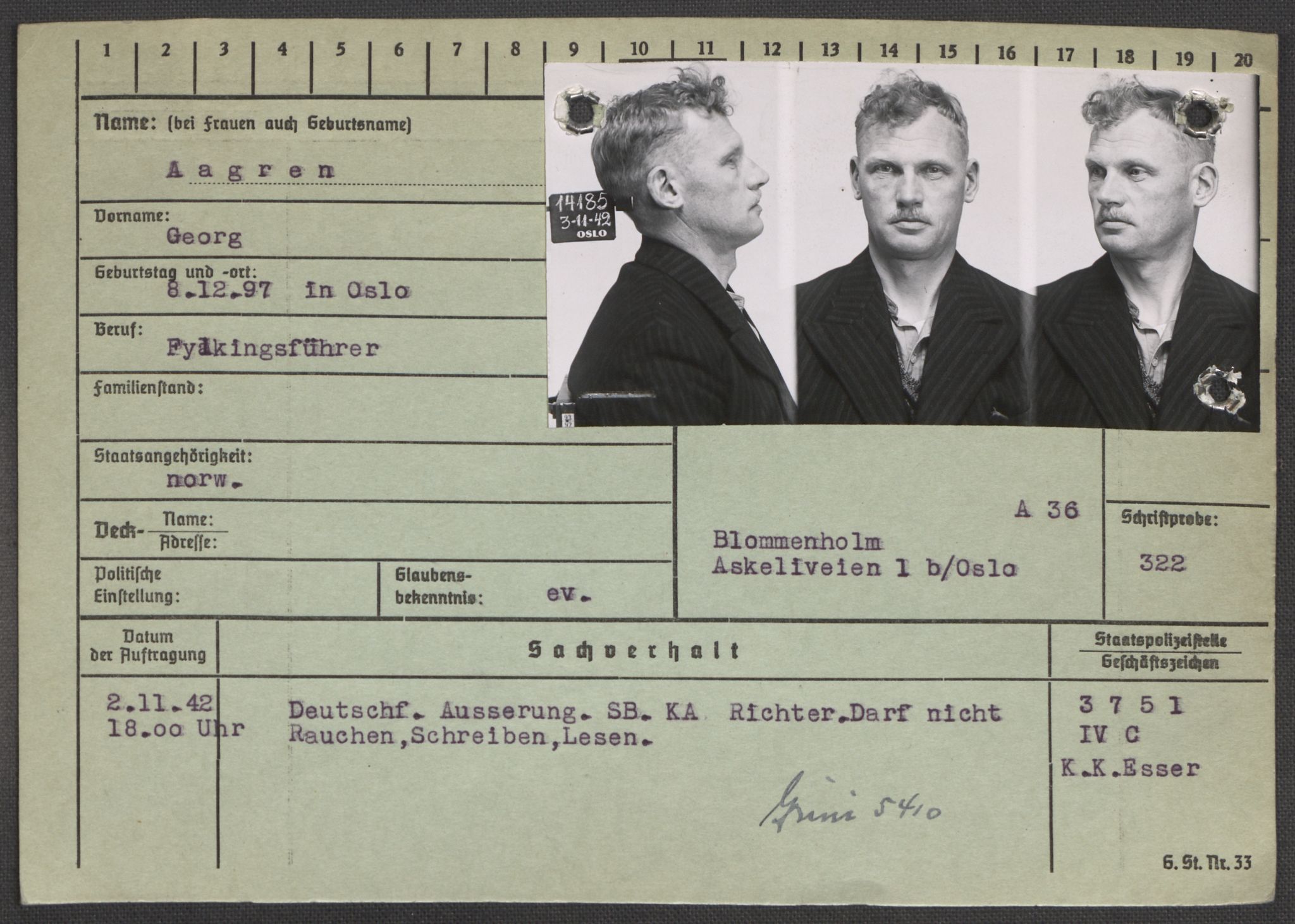 Befehlshaber der Sicherheitspolizei und des SD, RA/RAFA-5969/E/Ea/Eaa/L0010: Register over norske fanger i Møllergata 19: Sø-Å, 1940-1945, p. 1382