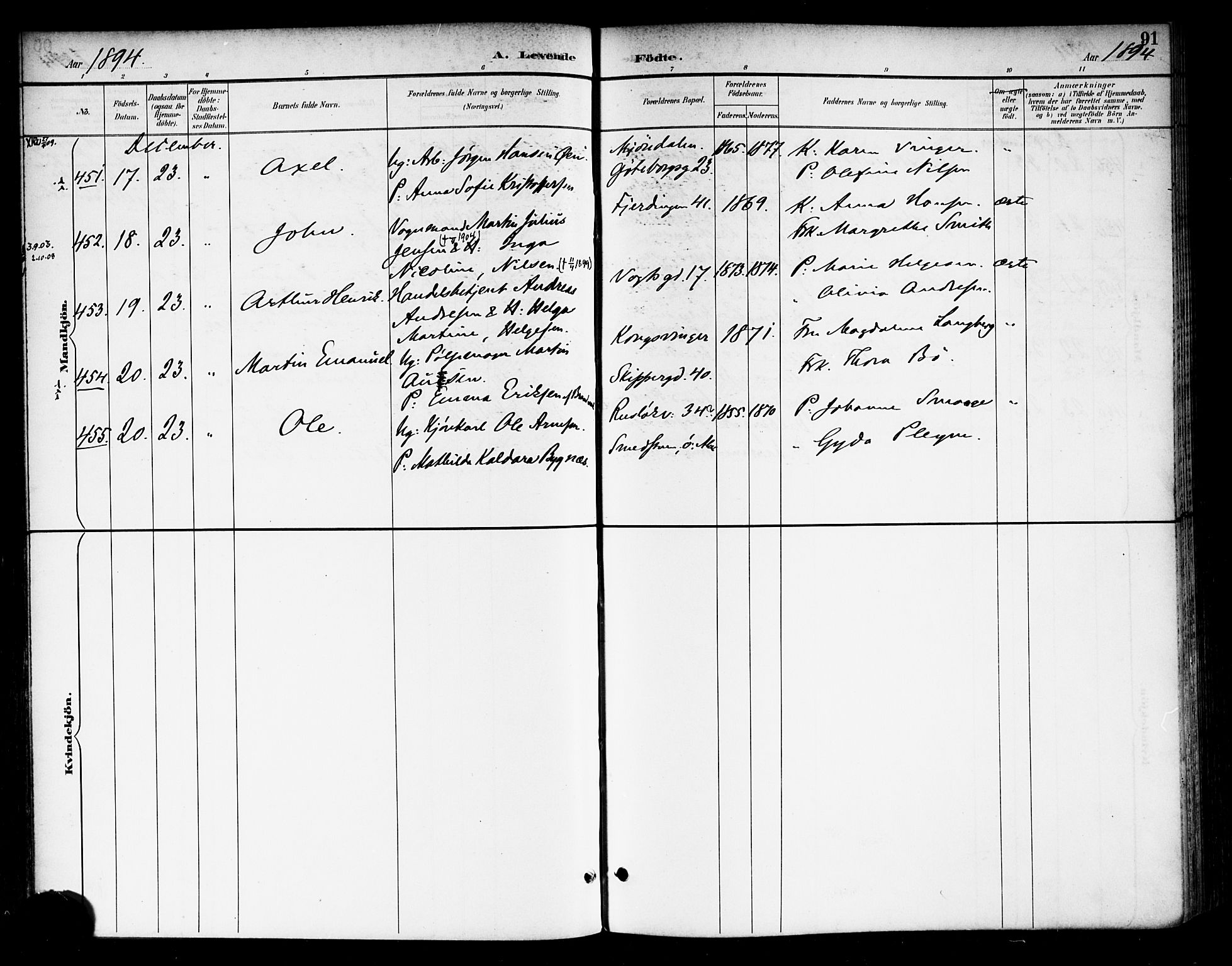 Rikshospitalet prestekontor Kirkebøker, AV/SAO-A-10309b/F/L0009: Parish register (official) no. 9, 1894-1897, p. 91