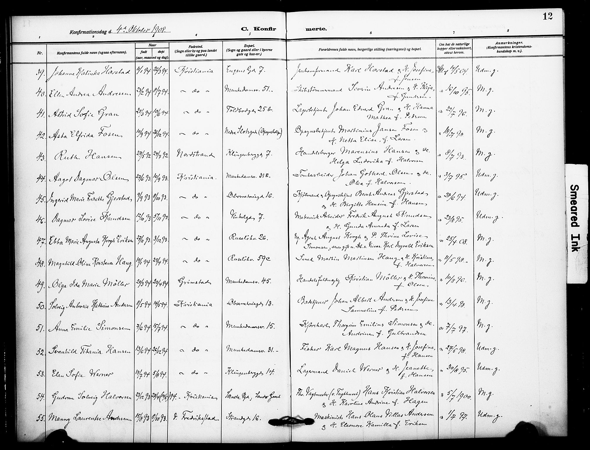 Johannes prestekontor Kirkebøker, AV/SAO-A-10852/F/Fa/L0011: Parish register (official) no. 11, 1908-1921, p. 12