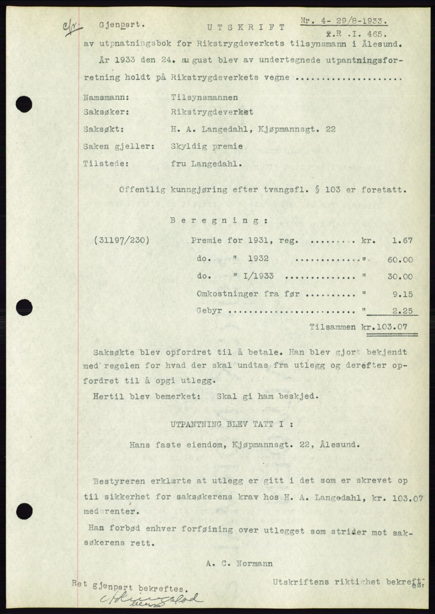 Ålesund byfogd, AV/SAT-A-4384: Mortgage book no. 31, 1933-1934, Deed date: 29.08.1933