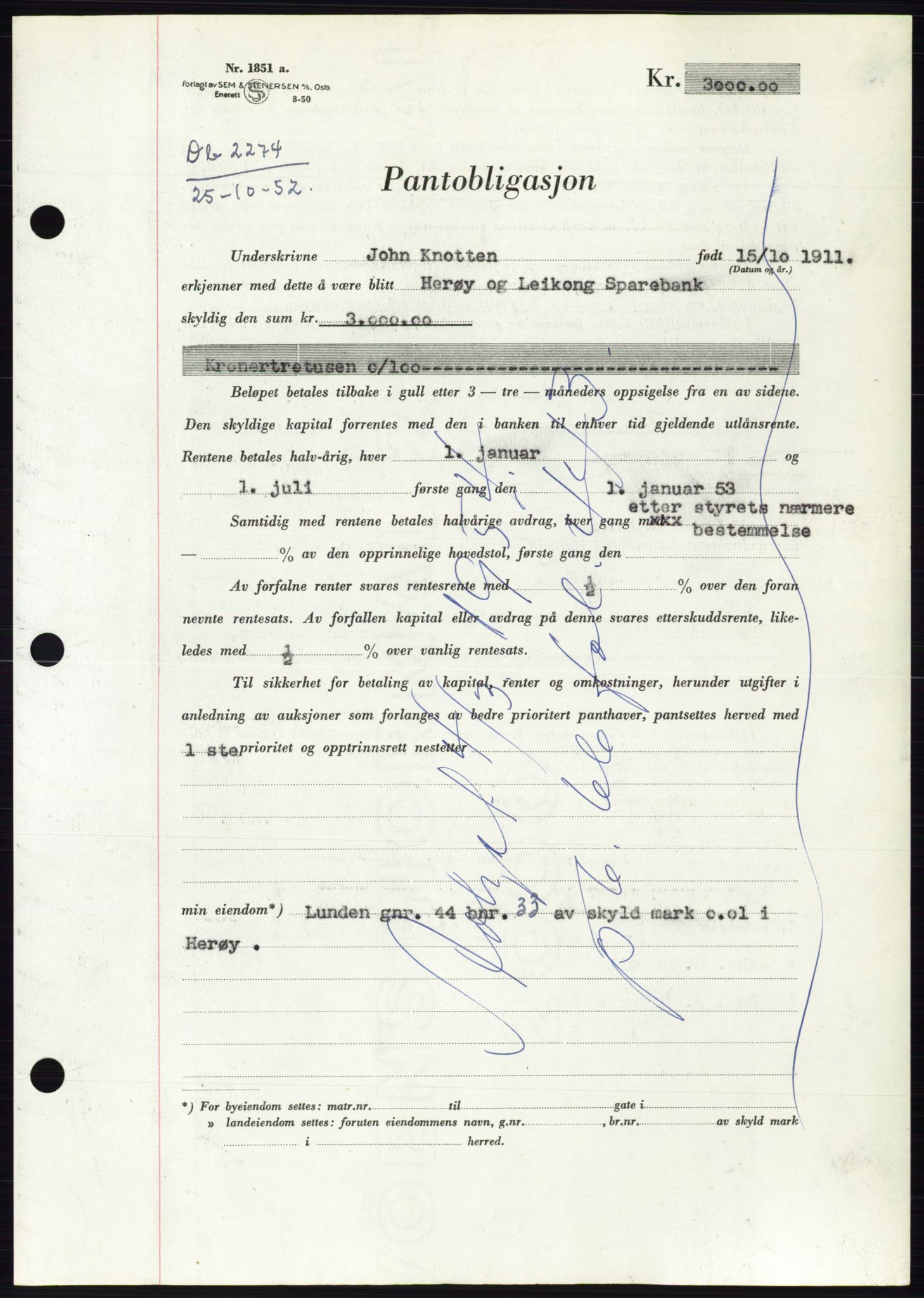 Søre Sunnmøre sorenskriveri, AV/SAT-A-4122/1/2/2C/L0122: Mortgage book no. 10B, 1952-1953, Diary no: : 2274/1952