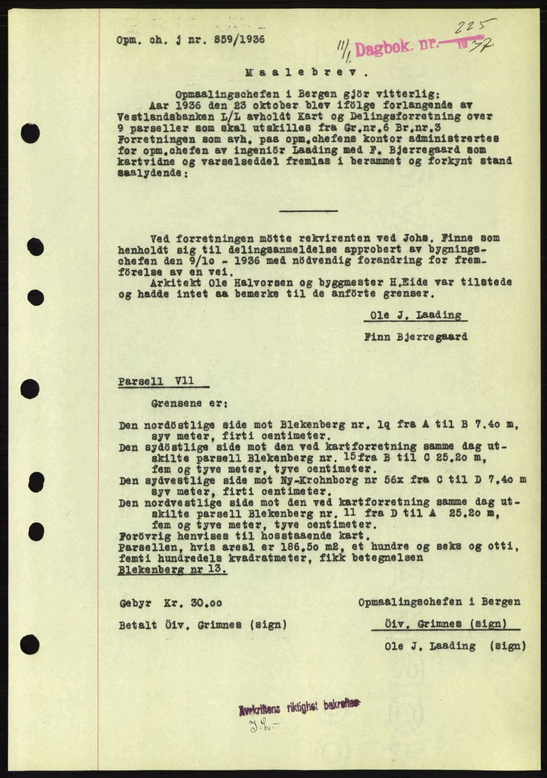 Byfogd og Byskriver i Bergen, SAB/A-3401/03/03Bc/L0004: Mortgage book no. A3-4, 1936-1937, Diary no: : 225/1937