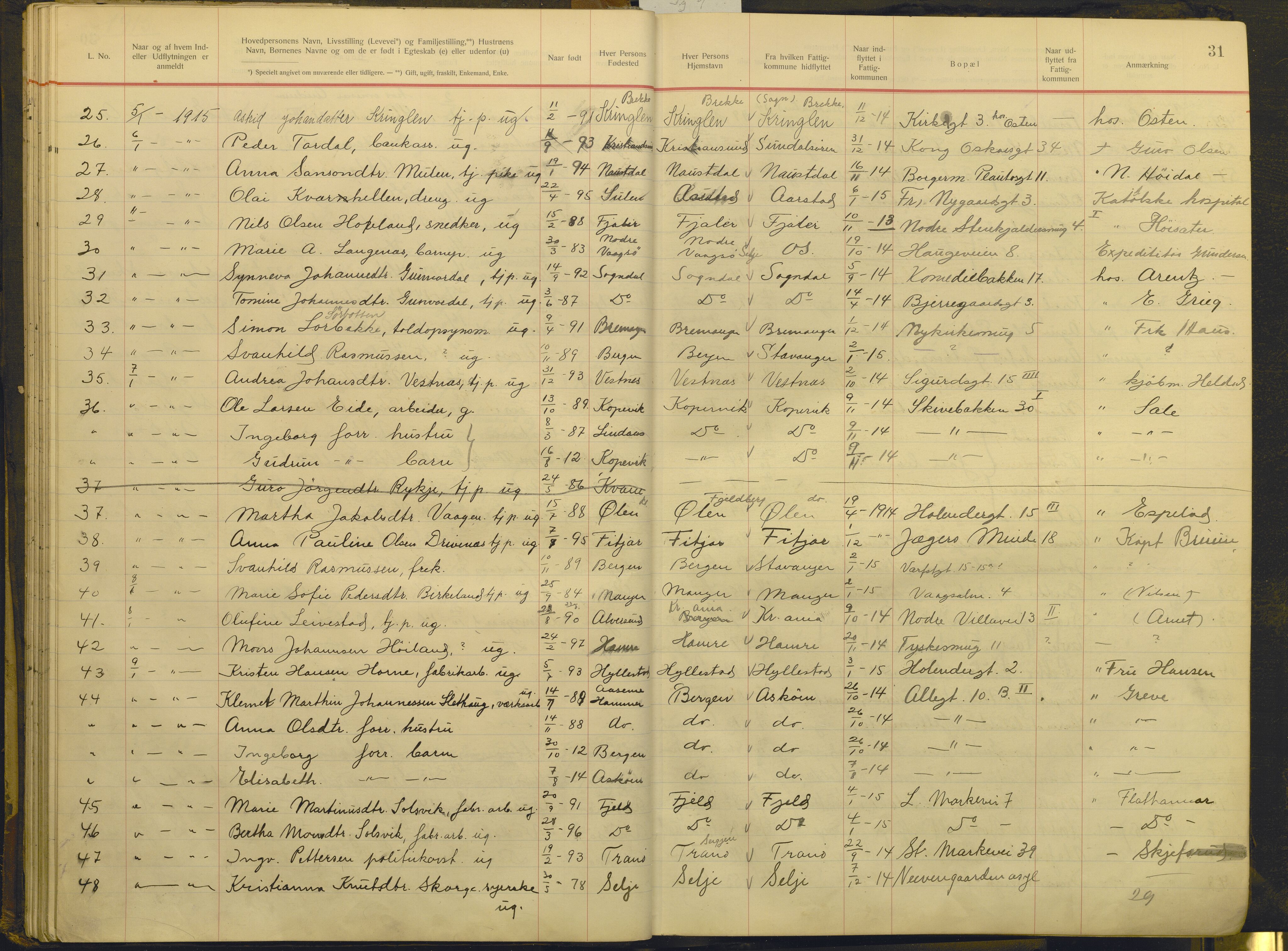 Bergen politikammer / politidistrikt, AV/SAB-A-60401/J.g/L0009: Protokoll over innflyttede, 1914-1917, p. 31