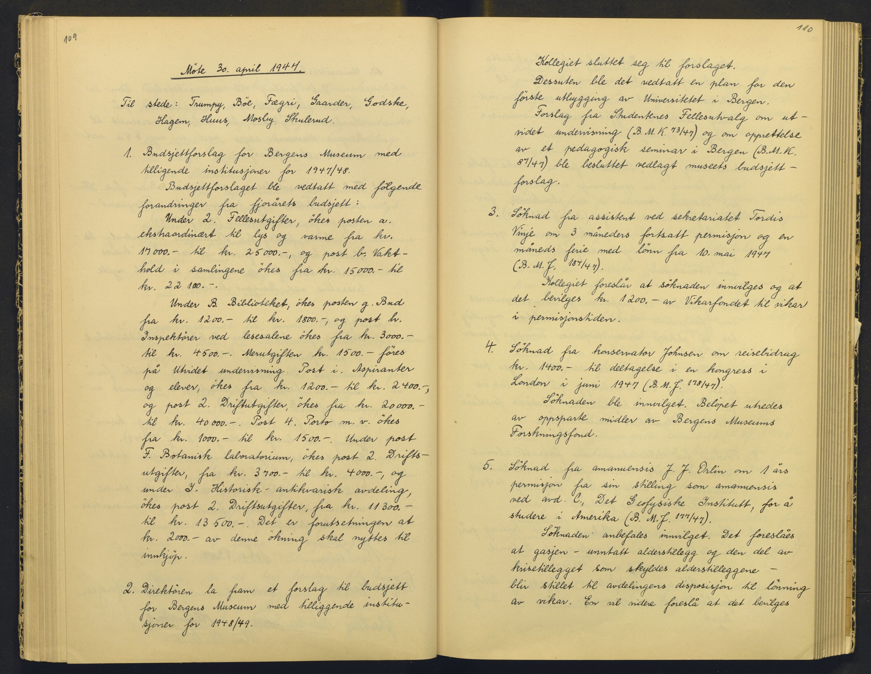 Bergens Museum, AV/SAB-A-17301/18/A/L0004: Professorkollegiets møtebok med register , 1945-1949, p. 109-110