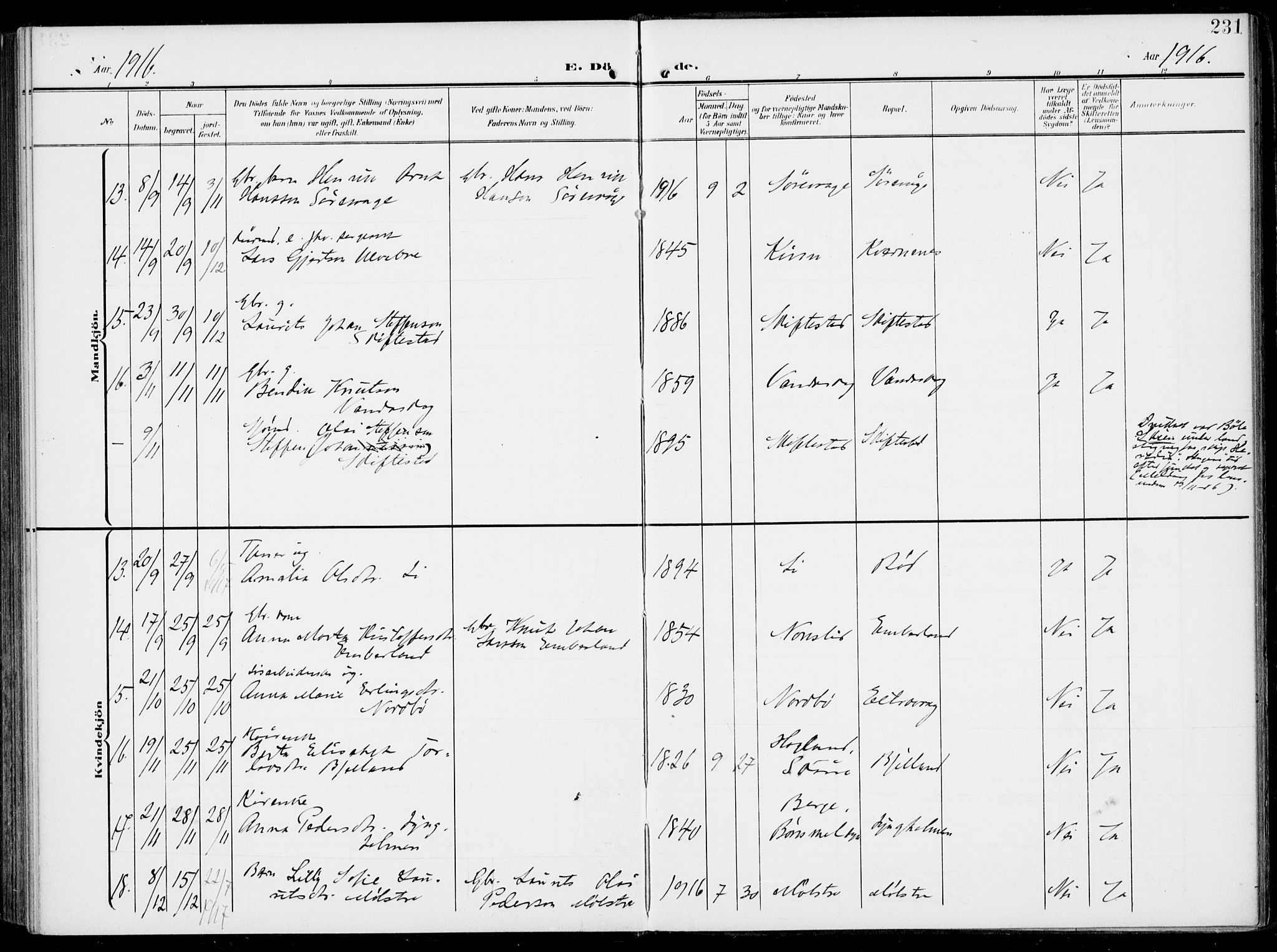 Sveio Sokneprestembete, SAB/A-78501/H/Haa: Parish register (official) no. B  4, 1906-1919, p. 231