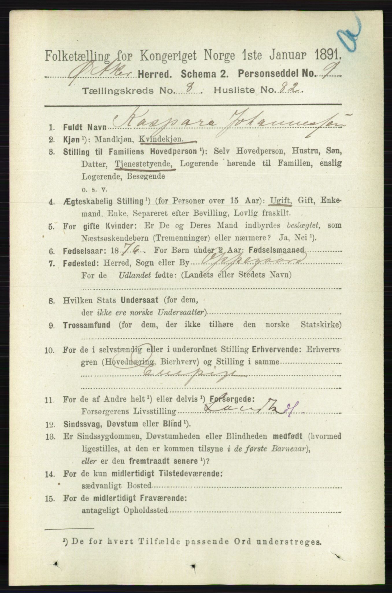 RA, 1891 census for 0218 Aker, 1891, p. 7936