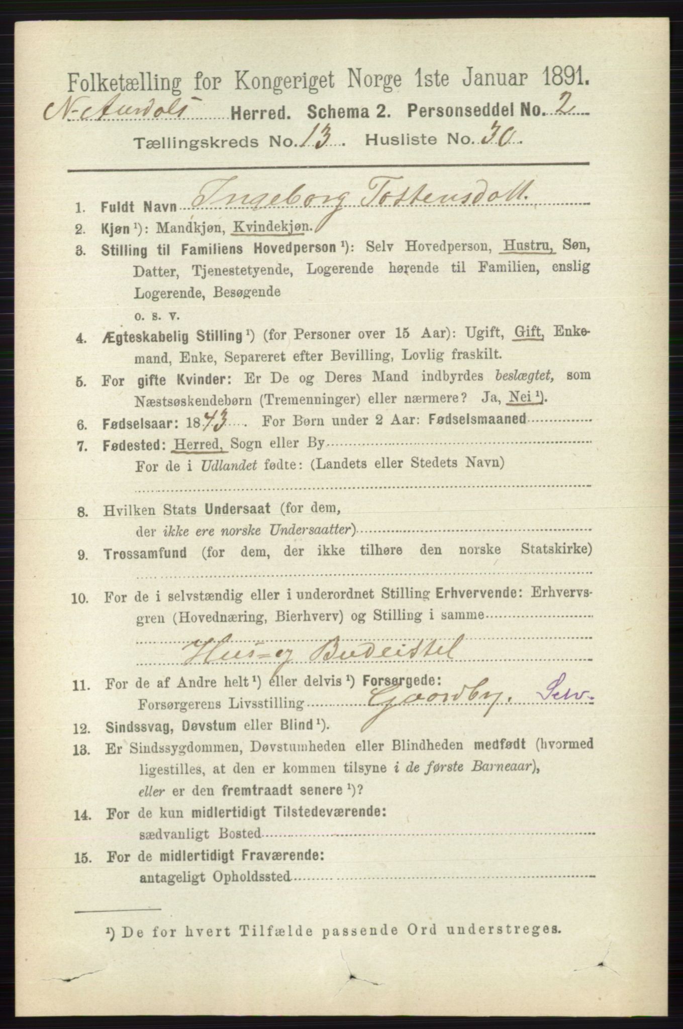 RA, 1891 census for 0542 Nord-Aurdal, 1891, p. 4949