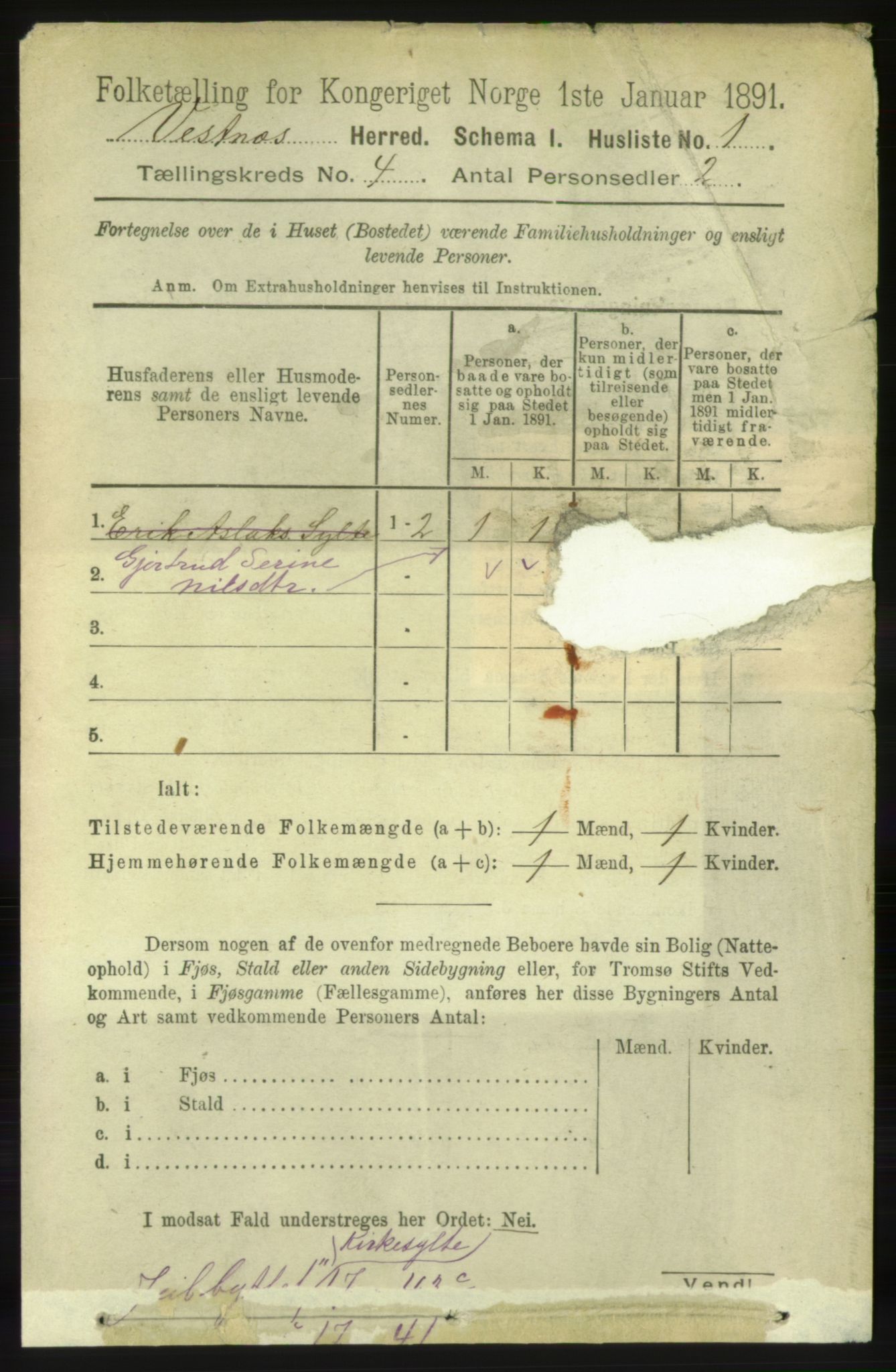 RA, 1891 census for 1535 Vestnes, 1891, p. 1216