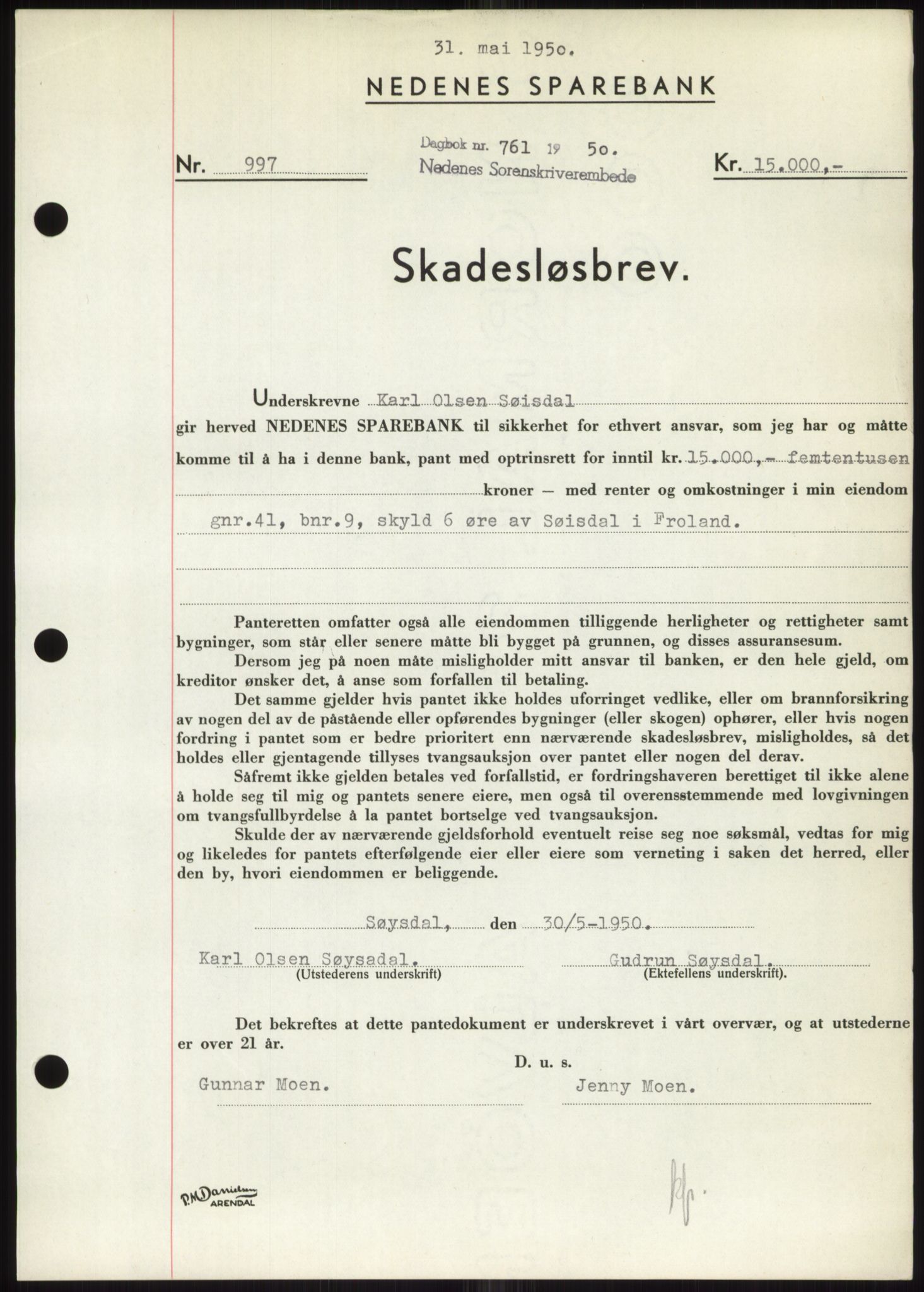 Nedenes sorenskriveri, AV/SAK-1221-0006/G/Gb/Gbb/L0007: Mortgage book no. B7, 1949-1950, Diary no: : 761/1950