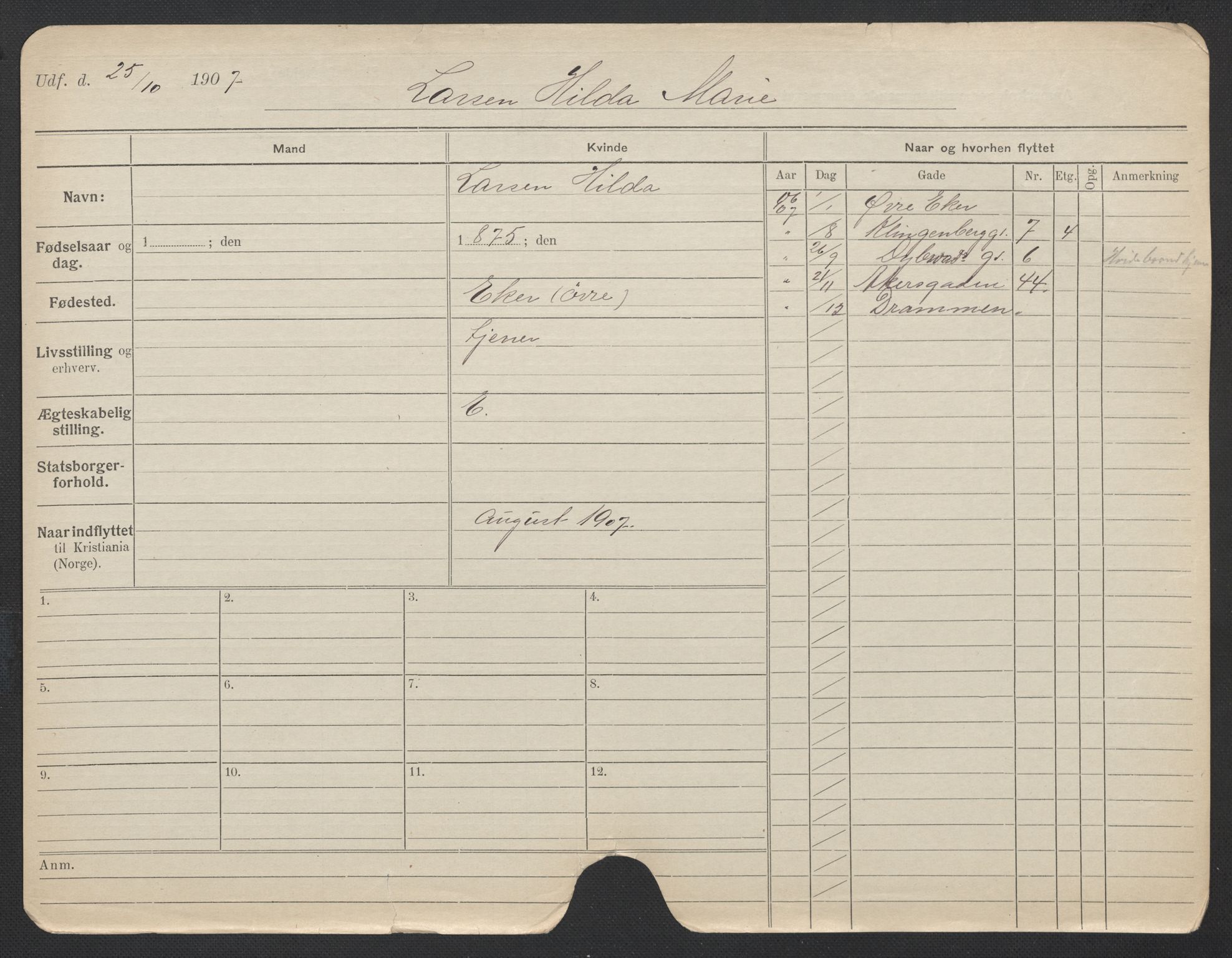 Oslo folkeregister, Registerkort, AV/SAO-A-11715/F/Fa/Fac/L0019: Kvinner, 1906-1914, p. 925a