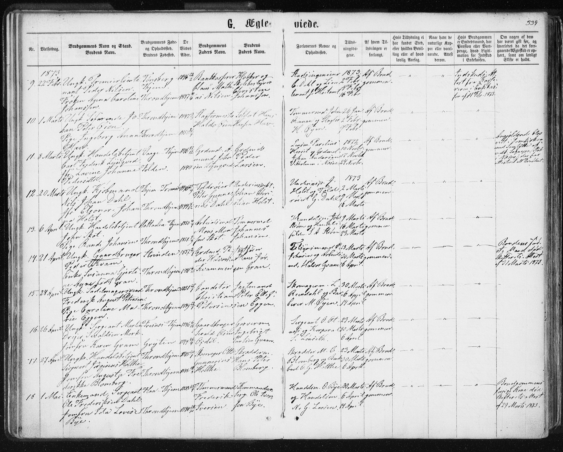 Ministerialprotokoller, klokkerbøker og fødselsregistre - Sør-Trøndelag, SAT/A-1456/601/L0055: Parish register (official) no. 601A23, 1866-1877, p. 339