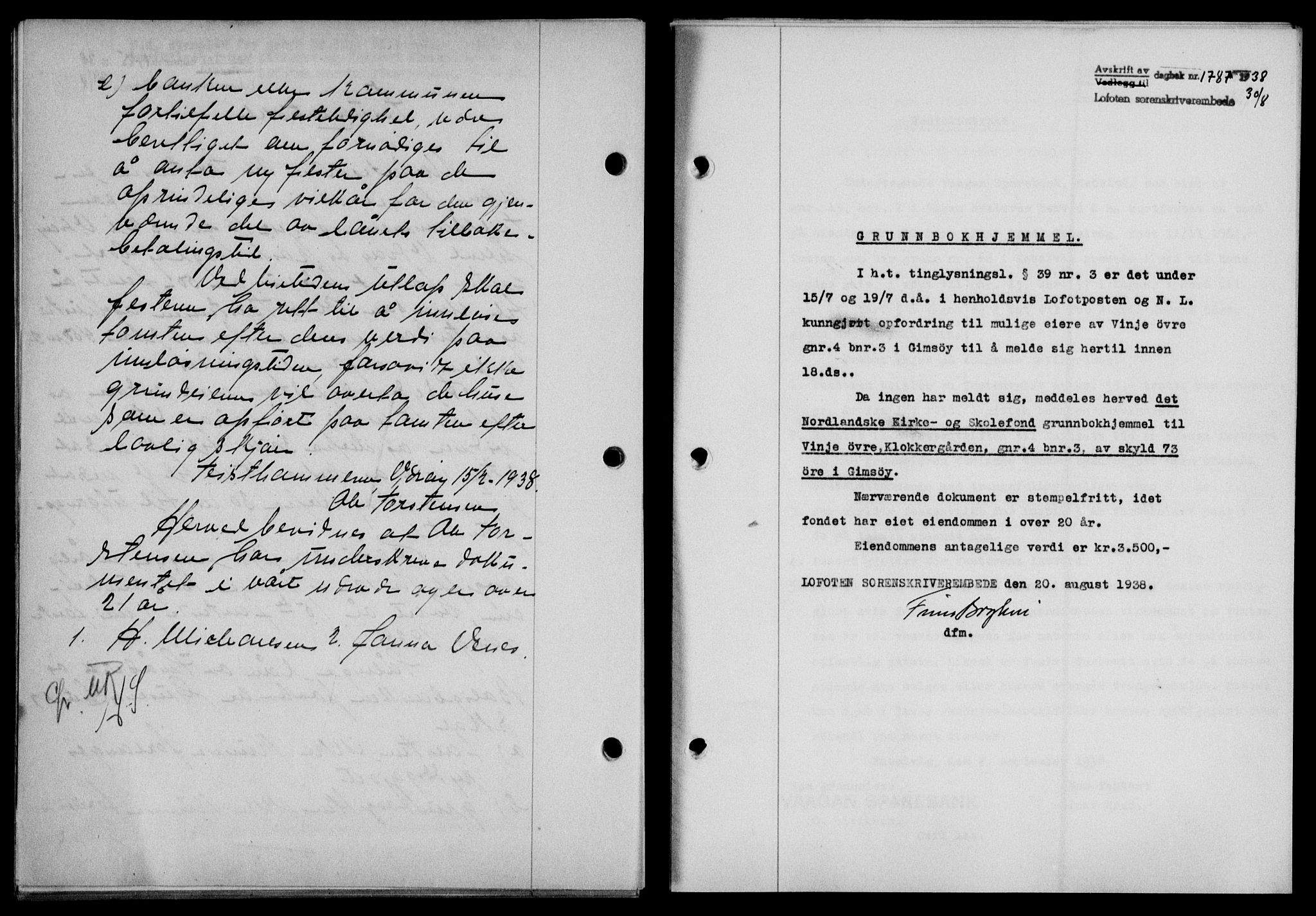 Lofoten sorenskriveri, SAT/A-0017/1/2/2C/L0004a: Mortgage book no. 4a, 1938-1938, Diary no: : 1787/1938