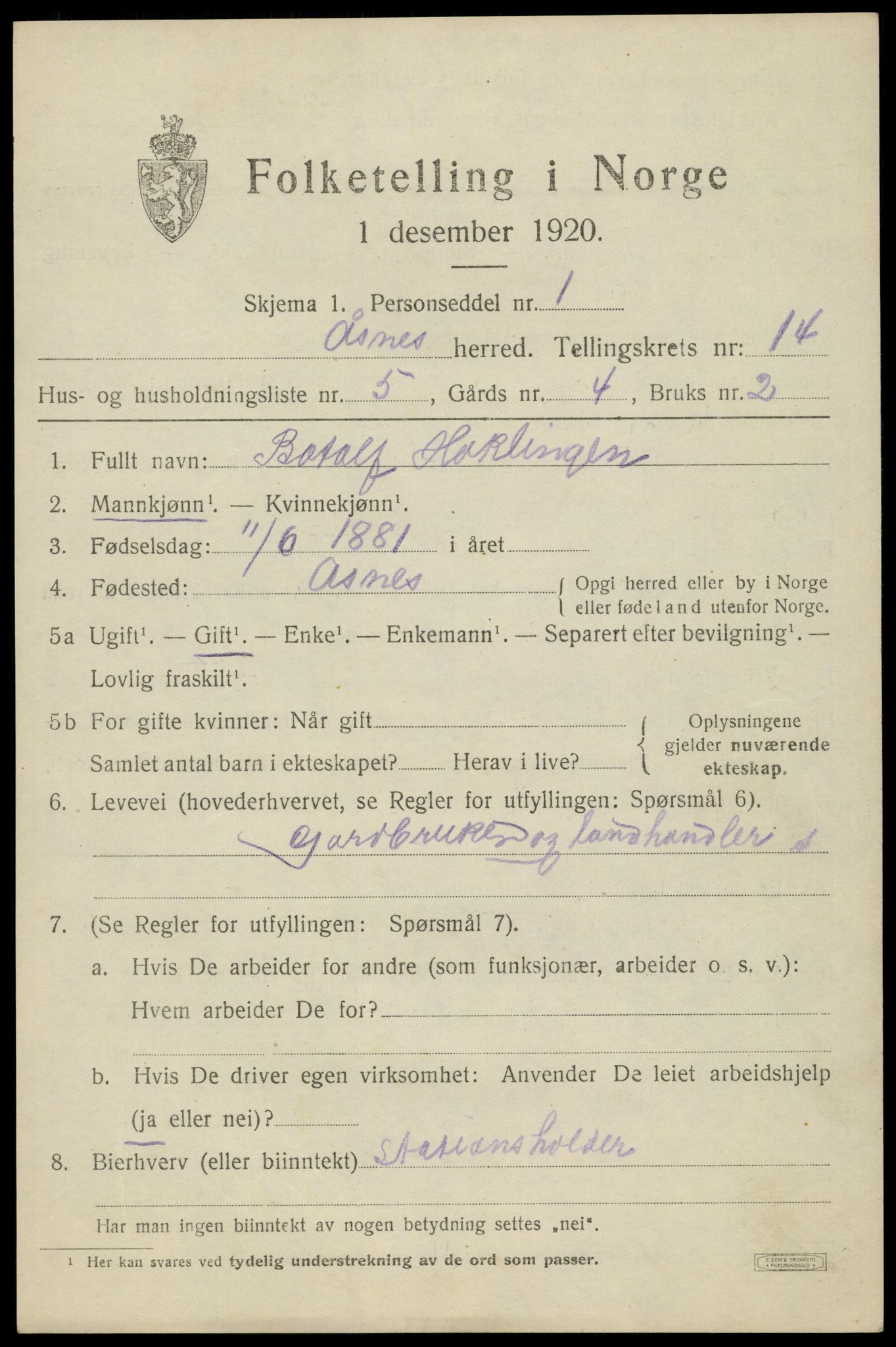 SAH, 1920 census for Åsnes, 1920, p. 13416