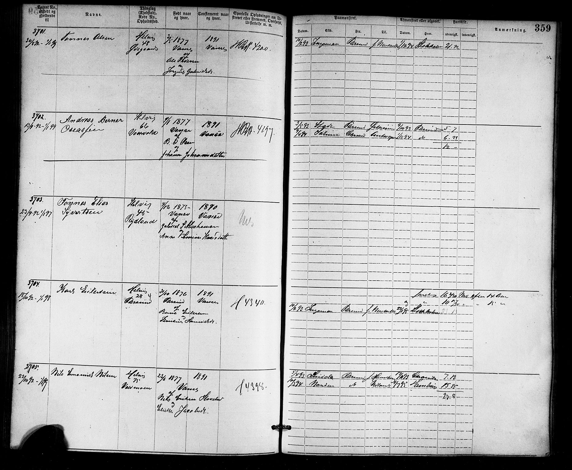 Farsund mønstringskrets, SAK/2031-0017/F/Fa/L0006: Annotasjonsrulle nr 1911-3805 med register, Z-3, 1877-1894, p. 396