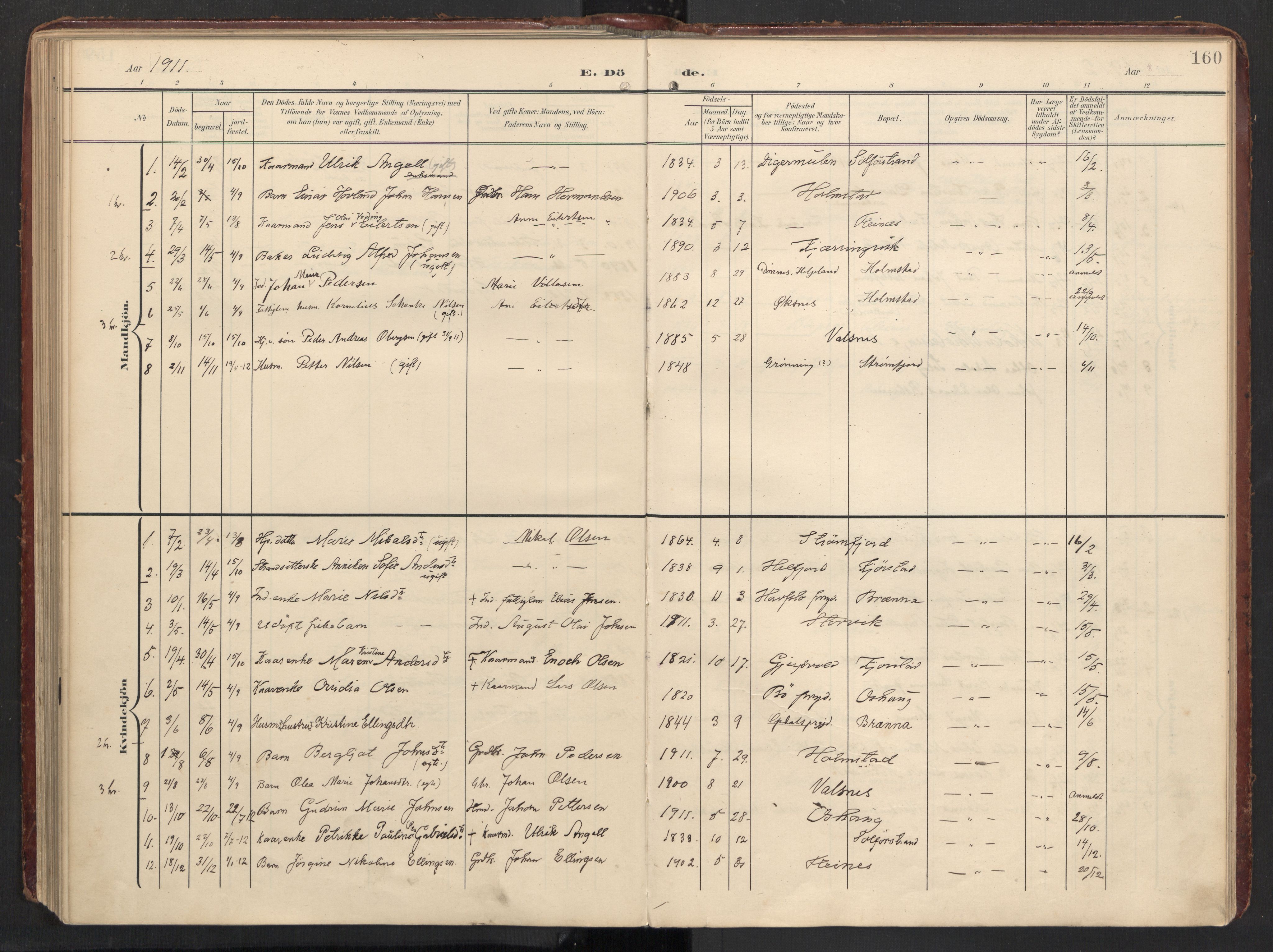 Ministerialprotokoller, klokkerbøker og fødselsregistre - Nordland, SAT/A-1459/890/L1287: Parish register (official) no. 890A02, 1903-1915, p. 160