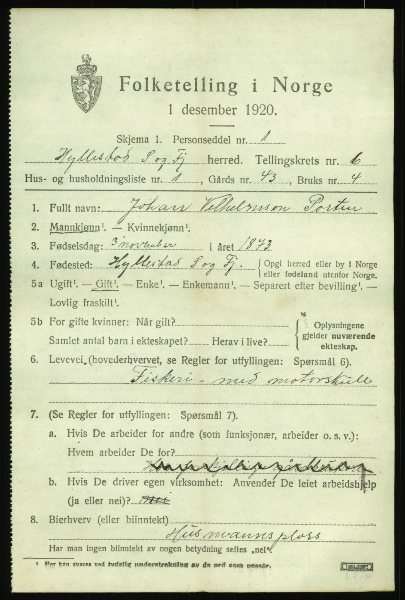 SAB, 1920 census for Hyllestad, 1920, p. 2670