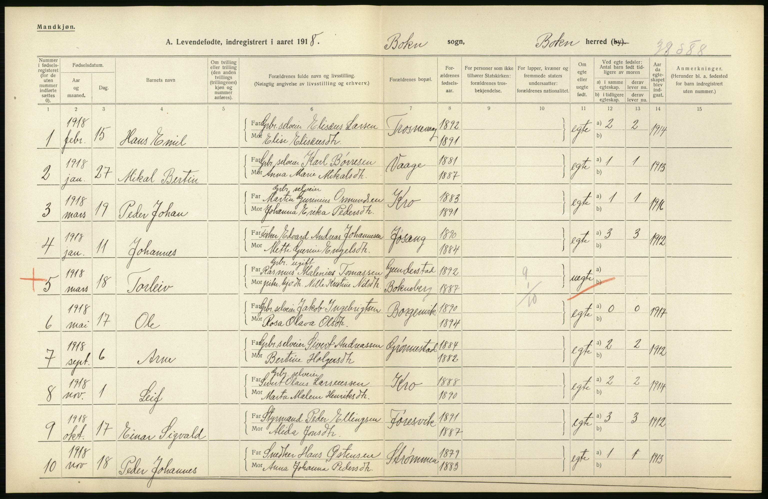 Statistisk sentralbyrå, Sosiodemografiske emner, Befolkning, RA/S-2228/D/Df/Dfb/Dfbh/L0031: Rogaland fylke: Levendefødte menn og kvinner. Bygder., 1918