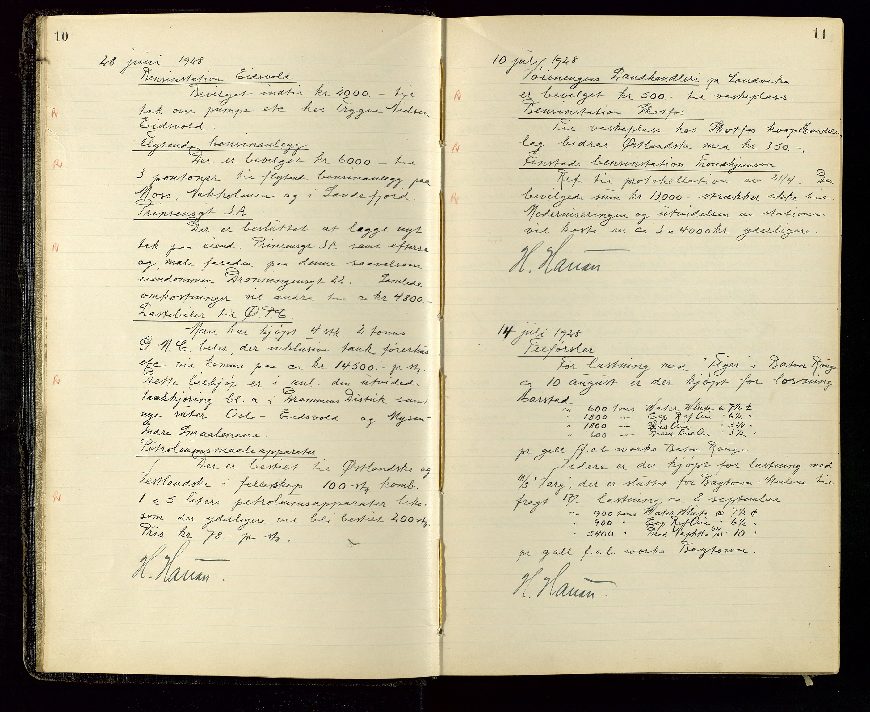 PA 1534 - Østlandske Petroleumscompagni A/S, SAST/A-101954/A/Aa/L0004/0002: Direksjonsprotokoller / Den Administrerende Direksjon alle selskaper (referatprotokoll), 1928-1936, p. 10-11