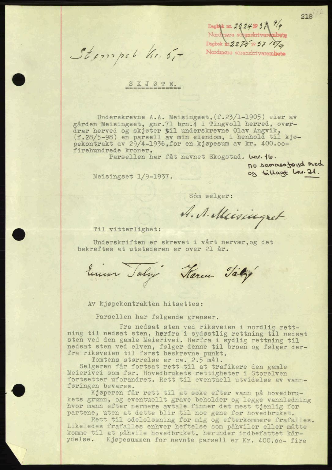 Nordmøre sorenskriveri, AV/SAT-A-4132/1/2/2Ca: Mortgage book no. A82, 1937-1938, Diary no: : 2275/1937