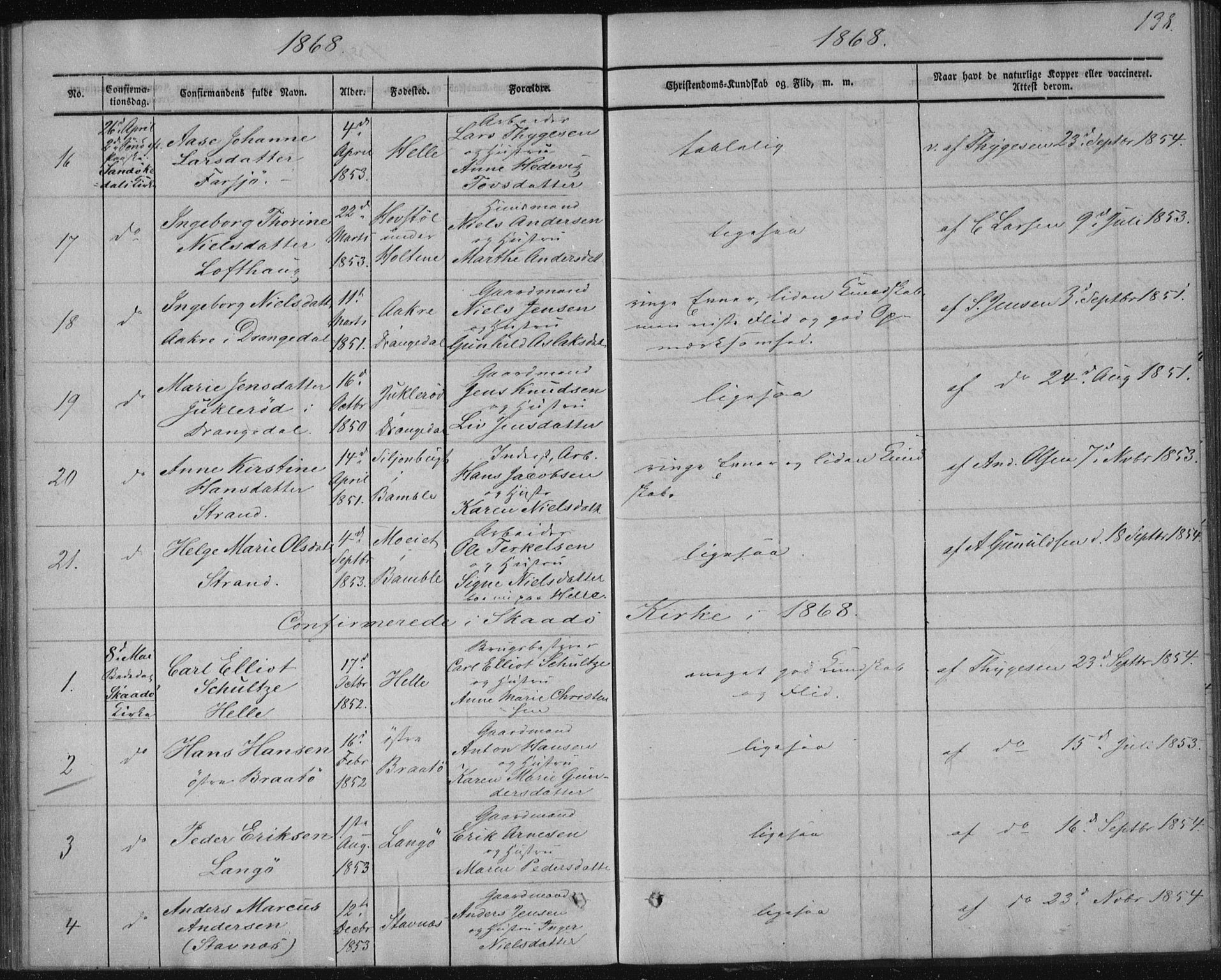 Sannidal kirkebøker, AV/SAKO-A-296/F/Fa/L0009: Parish register (official) no. 9, 1855-1873, p. 138