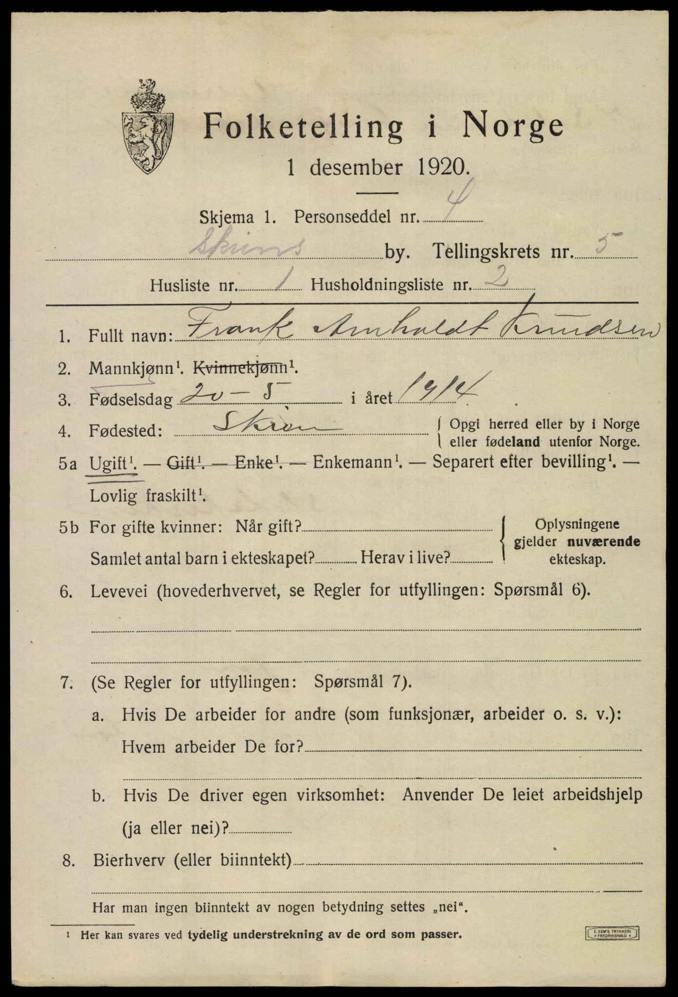 SAKO, 1920 census for Skien, 1920, p. 19498