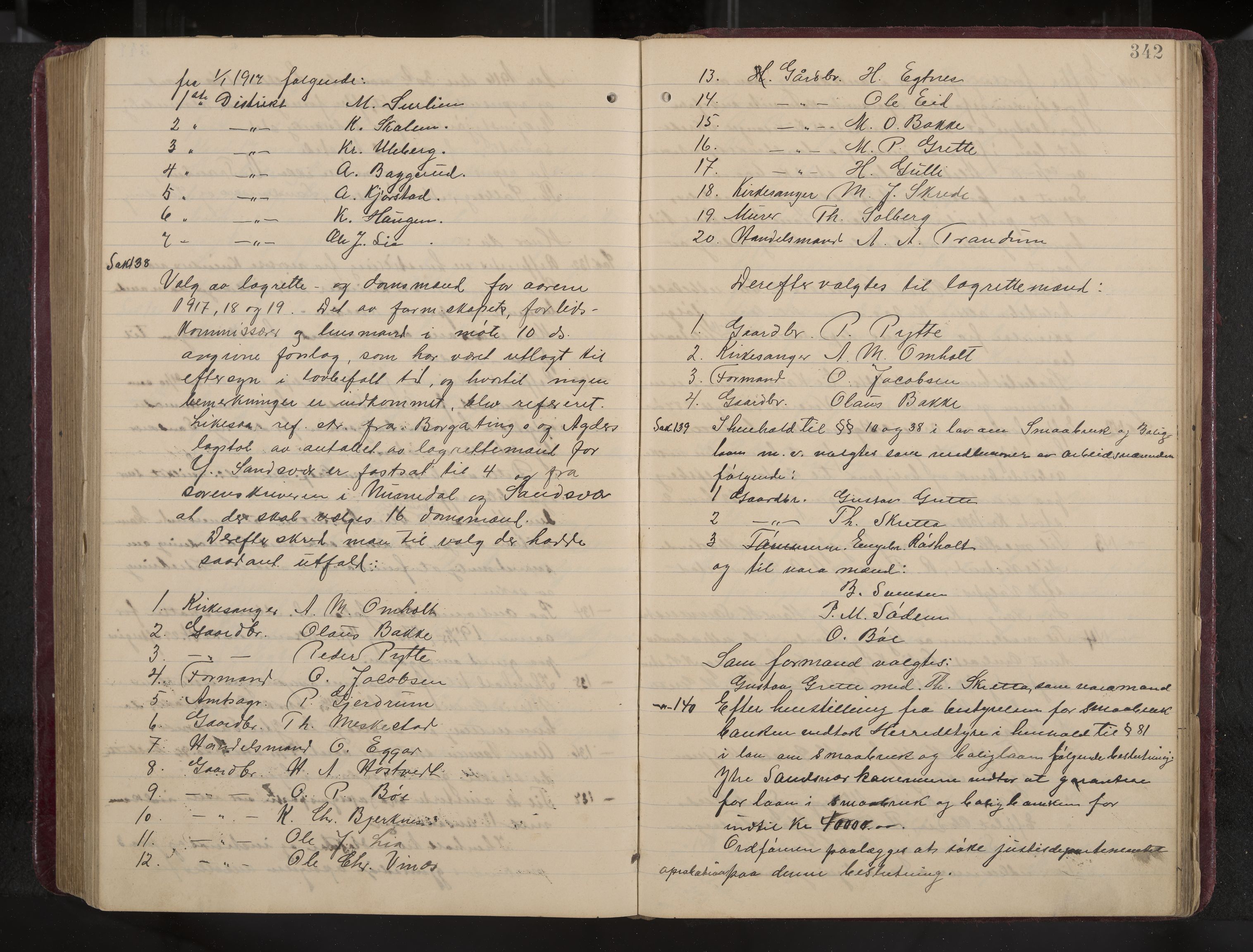 Ytre Sandsvær formannskap og sentraladministrasjon, IKAK/0629021/A/Aa/L0001: Møtebok med register, 1902-1919, p. 342