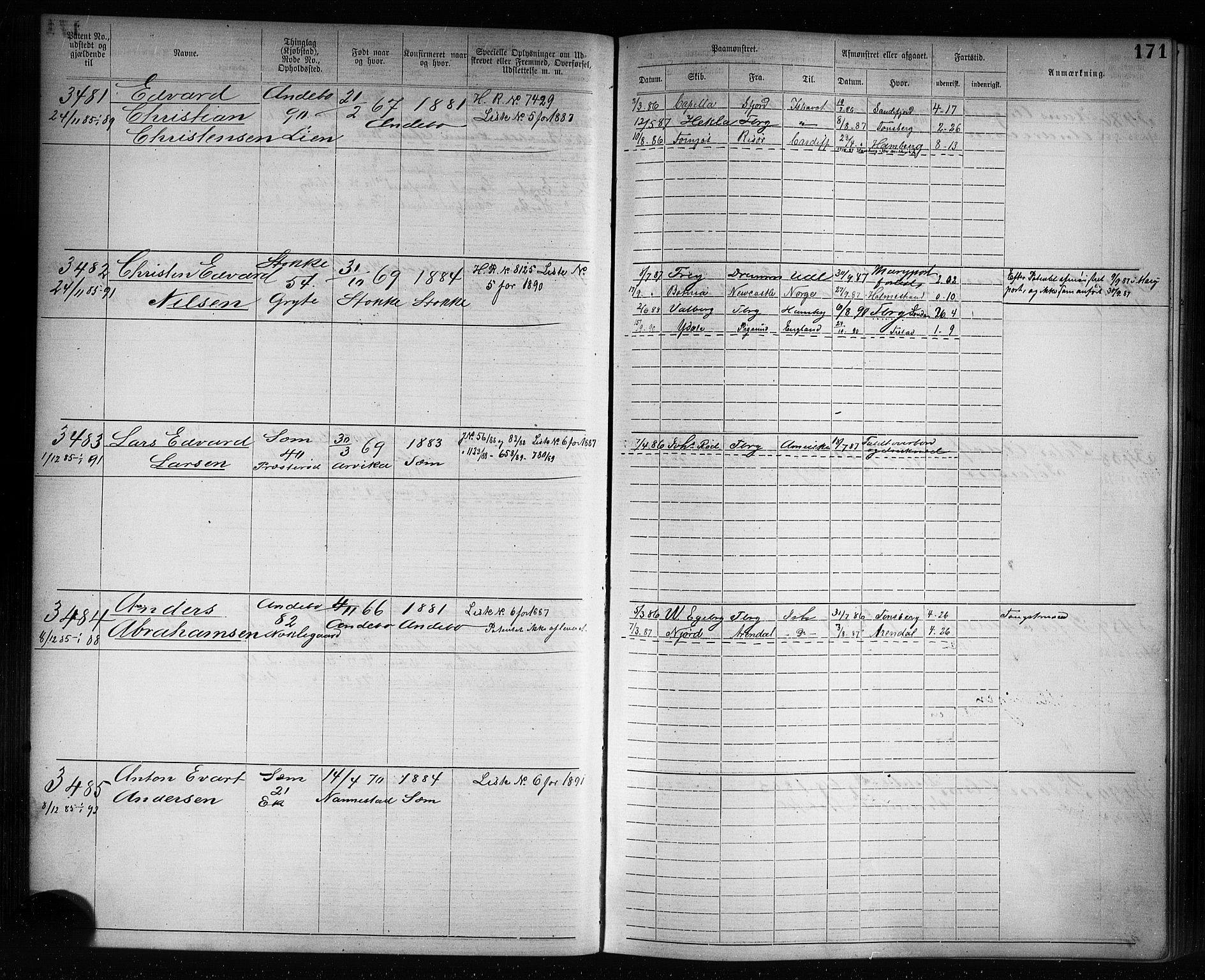 Tønsberg innrulleringskontor, SAKO/A-786/F/Fb/L0007: Annotasjonsrulle Patent nr. 2636-5150, 1881-1892, p. 172