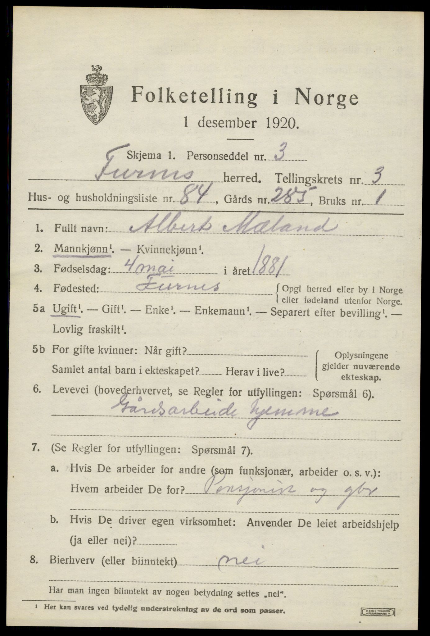 SAH, 1920 census for Furnes, 1920, p. 5651