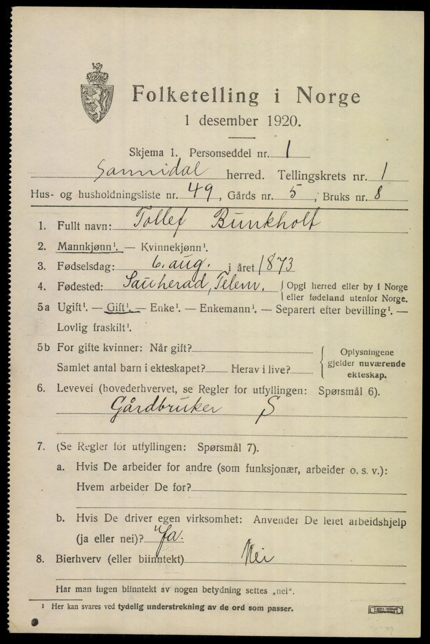 SAKO, 1920 census for Sannidal, 1920, p. 1615