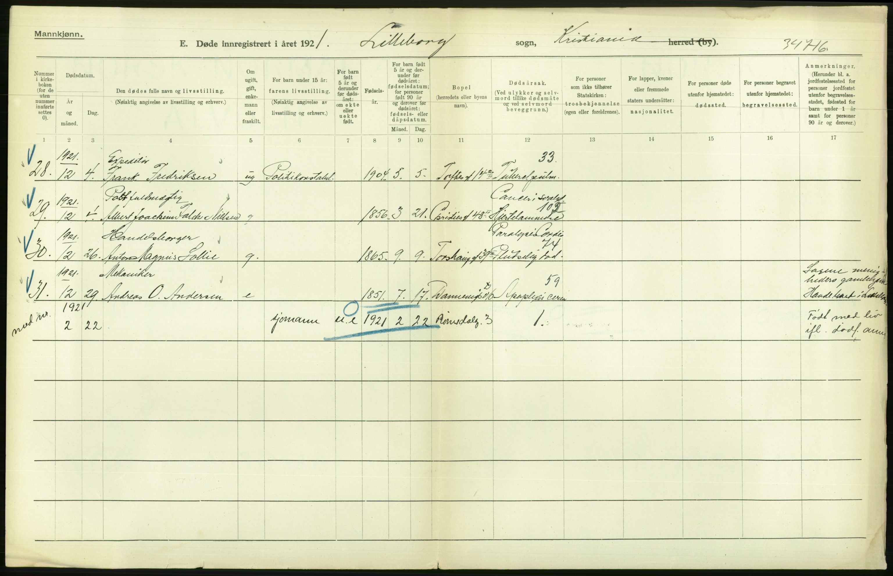 Statistisk sentralbyrå, Sosiodemografiske emner, Befolkning, AV/RA-S-2228/D/Df/Dfc/Dfca/L0012: Kristiania: Døde, 1921, p. 120