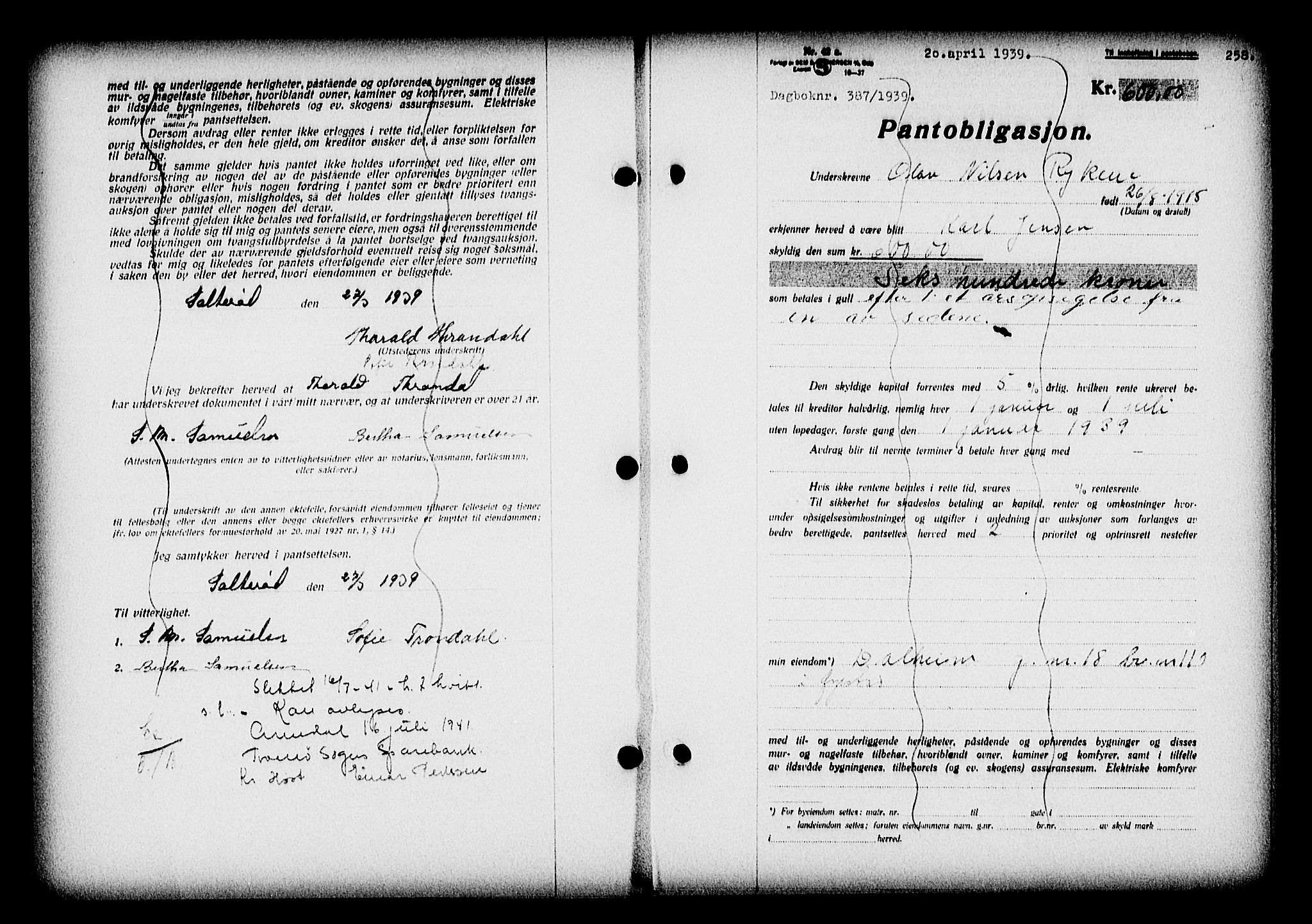 Nedenes sorenskriveri, SAK/1221-0006/G/Gb/Gba/L0046: Mortgage book no. 42, 1938-1939, Diary no: : 387/1939