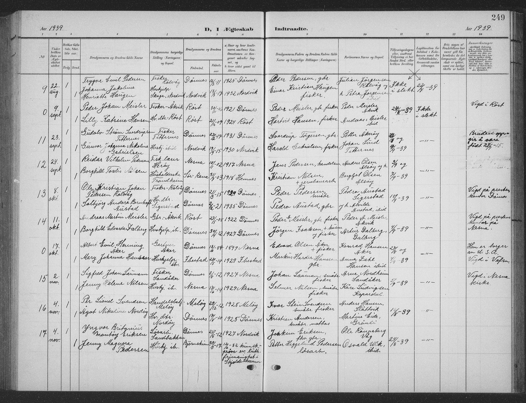 Ministerialprotokoller, klokkerbøker og fødselsregistre - Nordland, AV/SAT-A-1459/835/L0533: Parish register (copy) no. 835C05, 1906-1939, p. 249