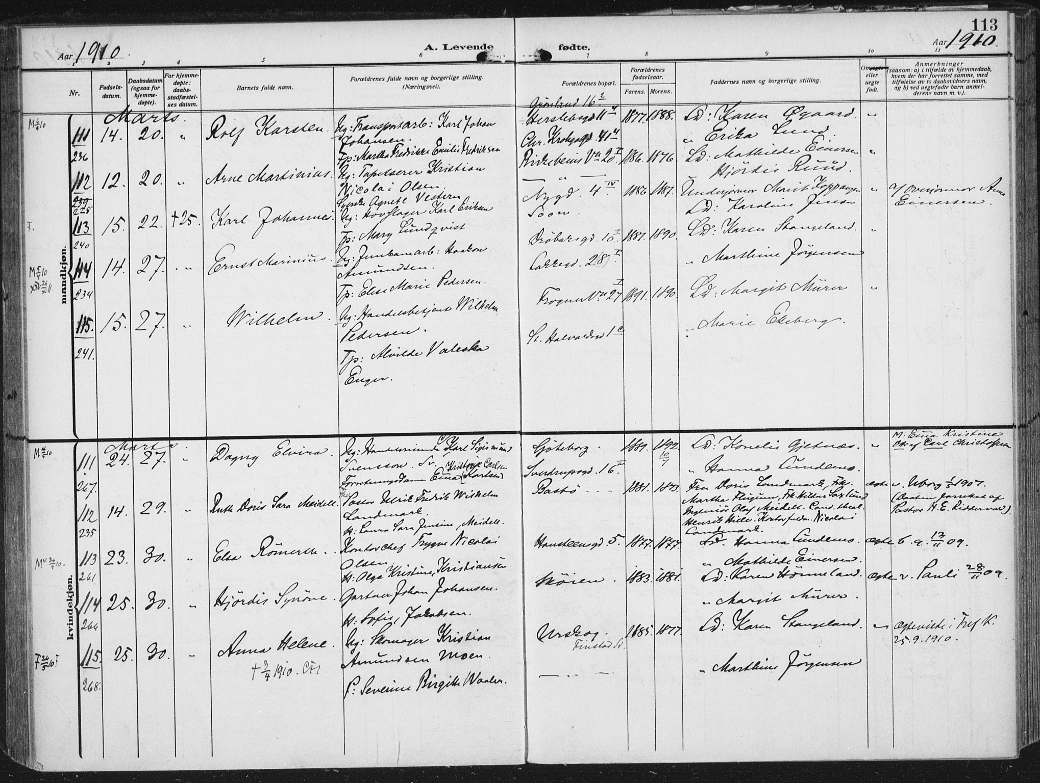 Rikshospitalet prestekontor Kirkebøker, SAO/A-10309b/F/L0014: Parish register (official) no. 14, 1909-1912, p. 113