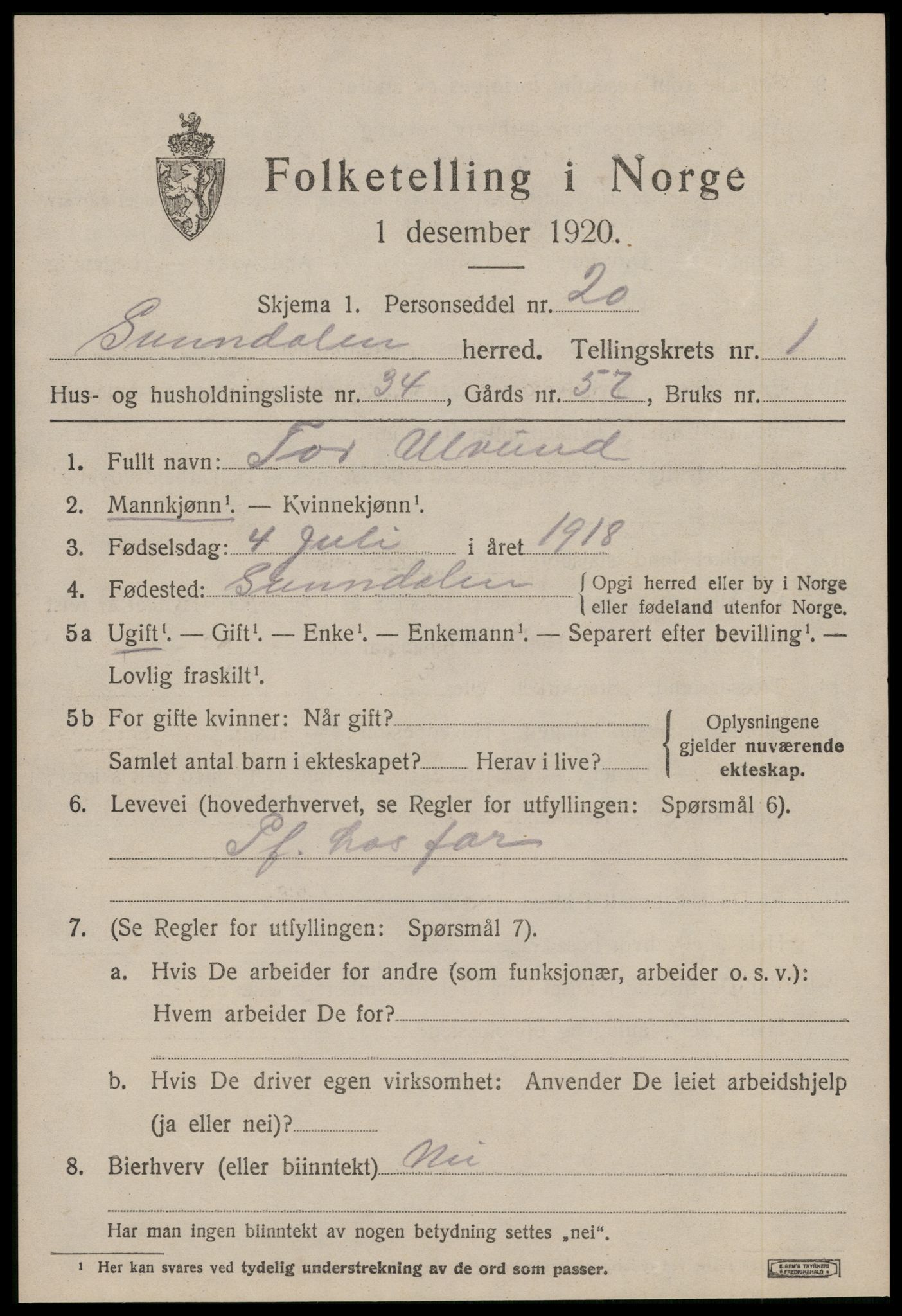 SAT, 1920 census for Sunndal, 1920, p. 1094