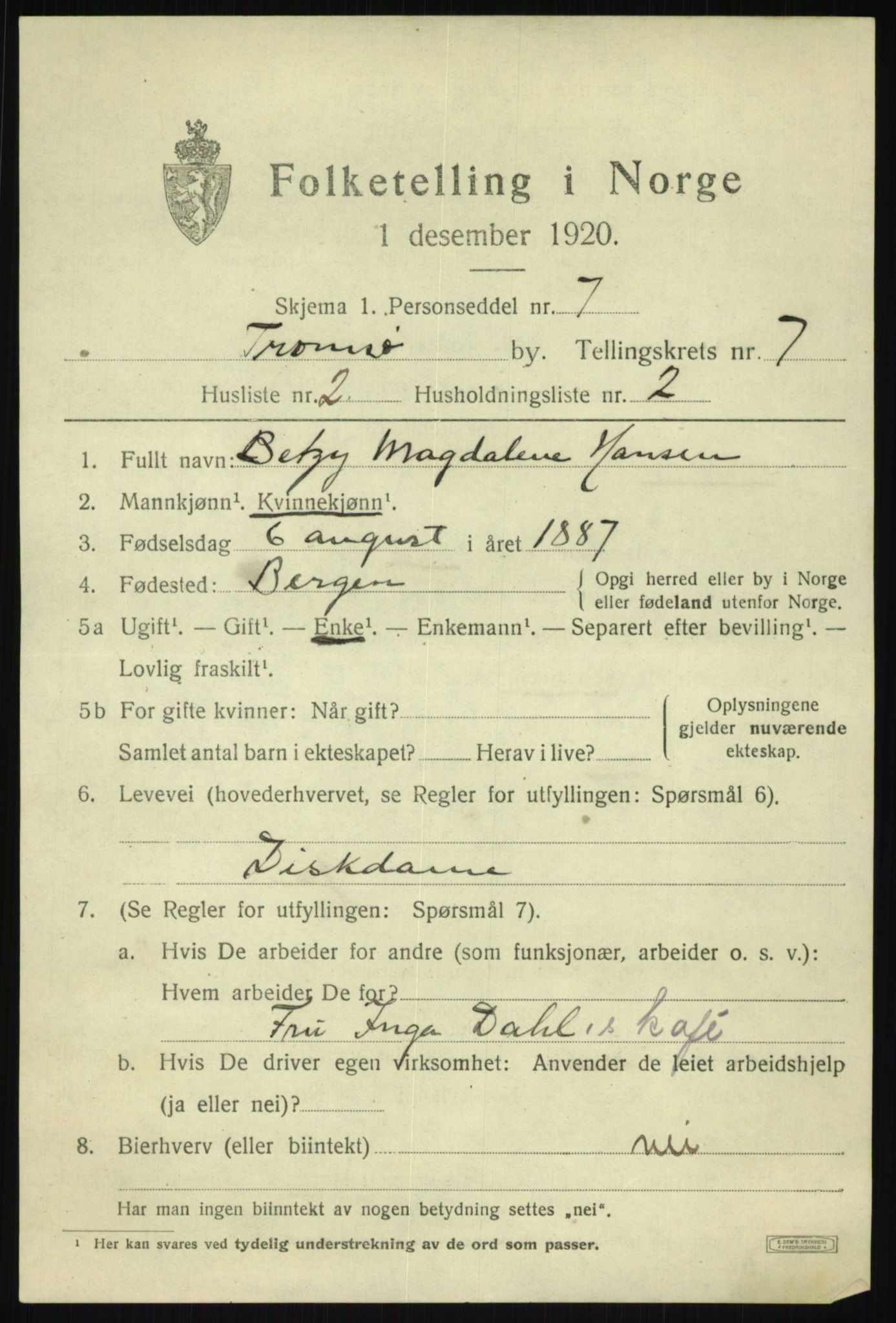 SATØ, 1920 census for Tromsø, 1920, p. 15913