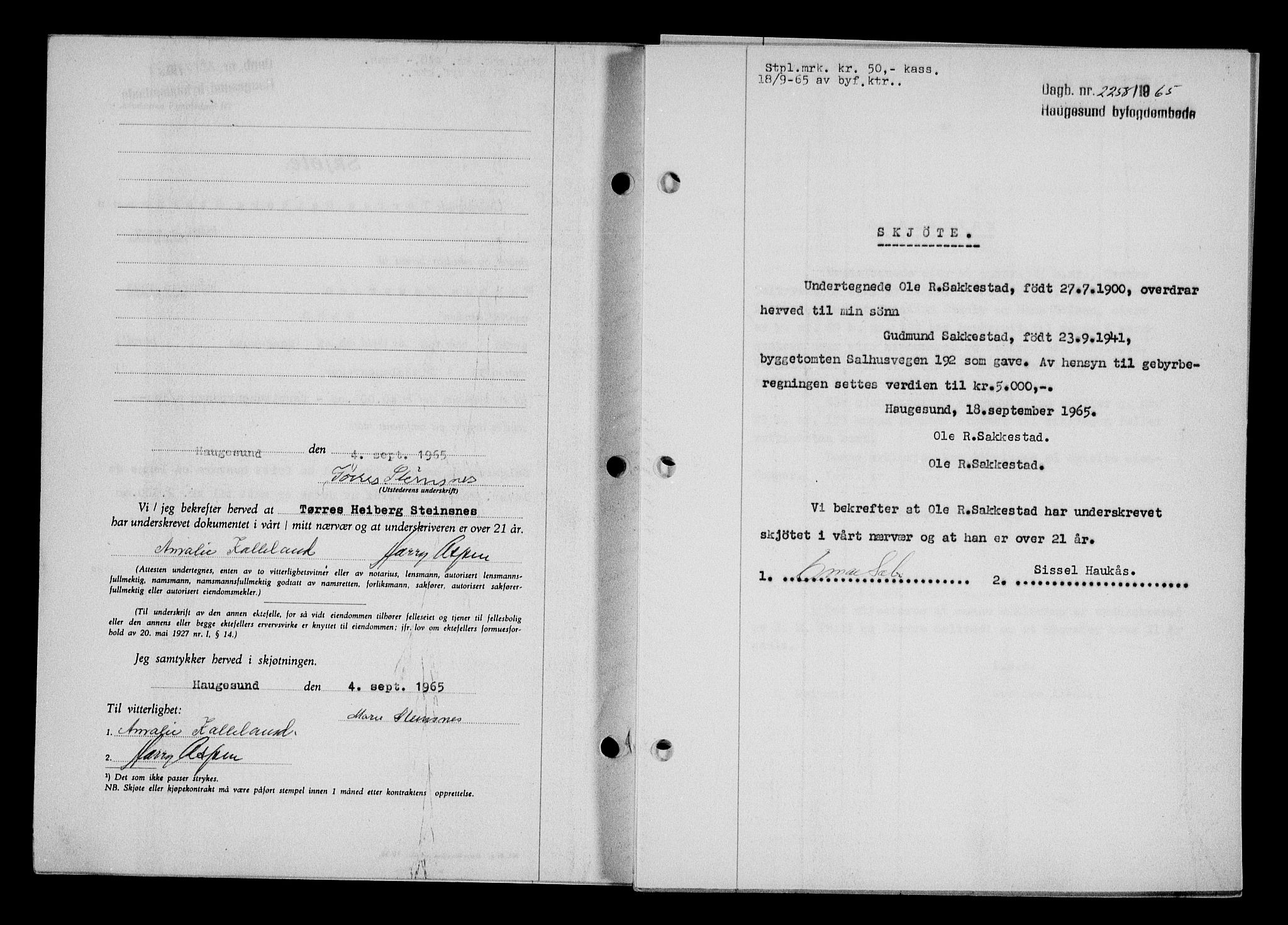 Haugesund tingrett, AV/SAST-A-101415/01/II/IIC/L0076: Mortgage book no. A 17, 1965-1966, Diary no: : 2258/1965