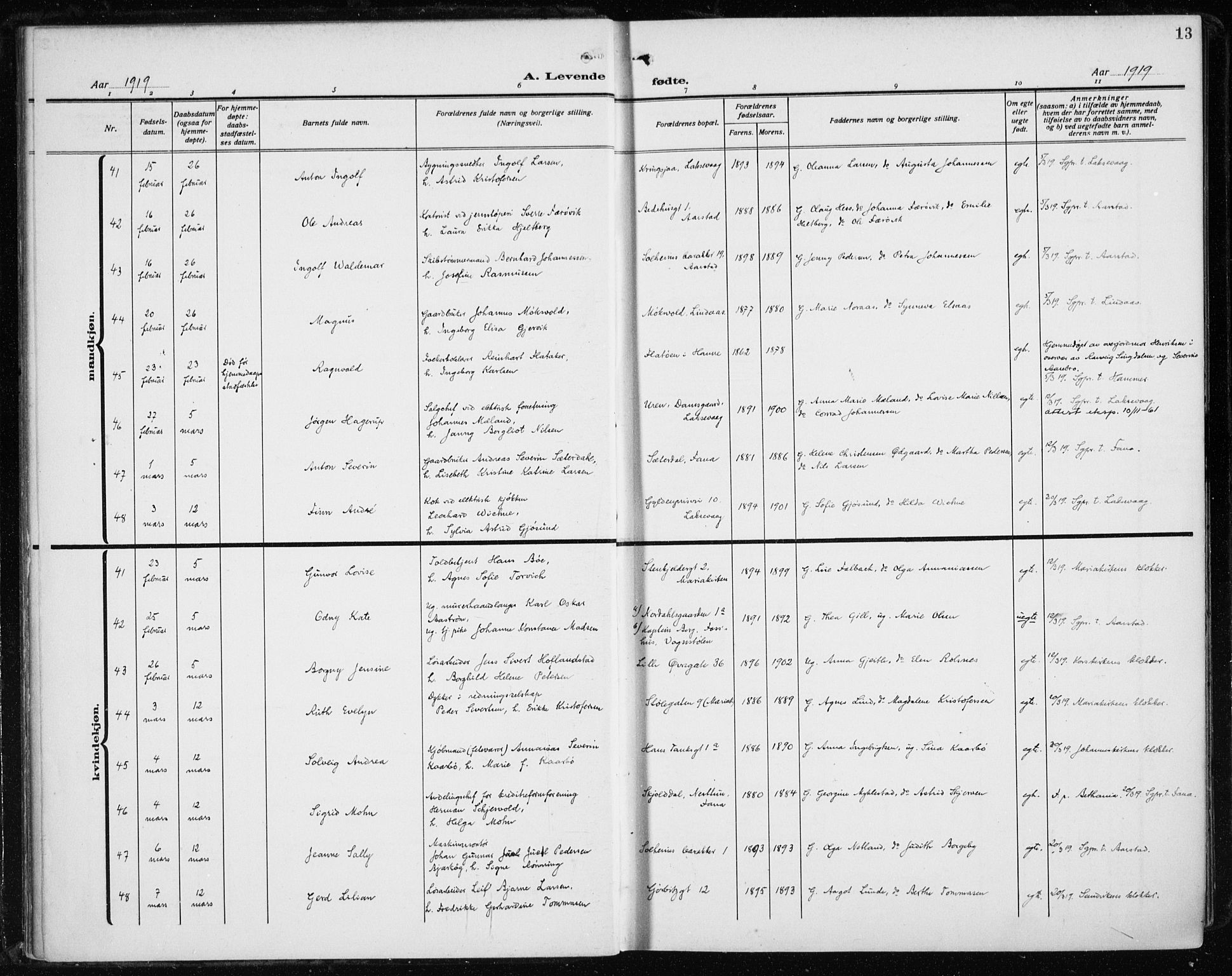 Fødselsstiftelsens sokneprestembete*, SAB/-: Parish register (official) no. A 5, 1918-1926, p. 13