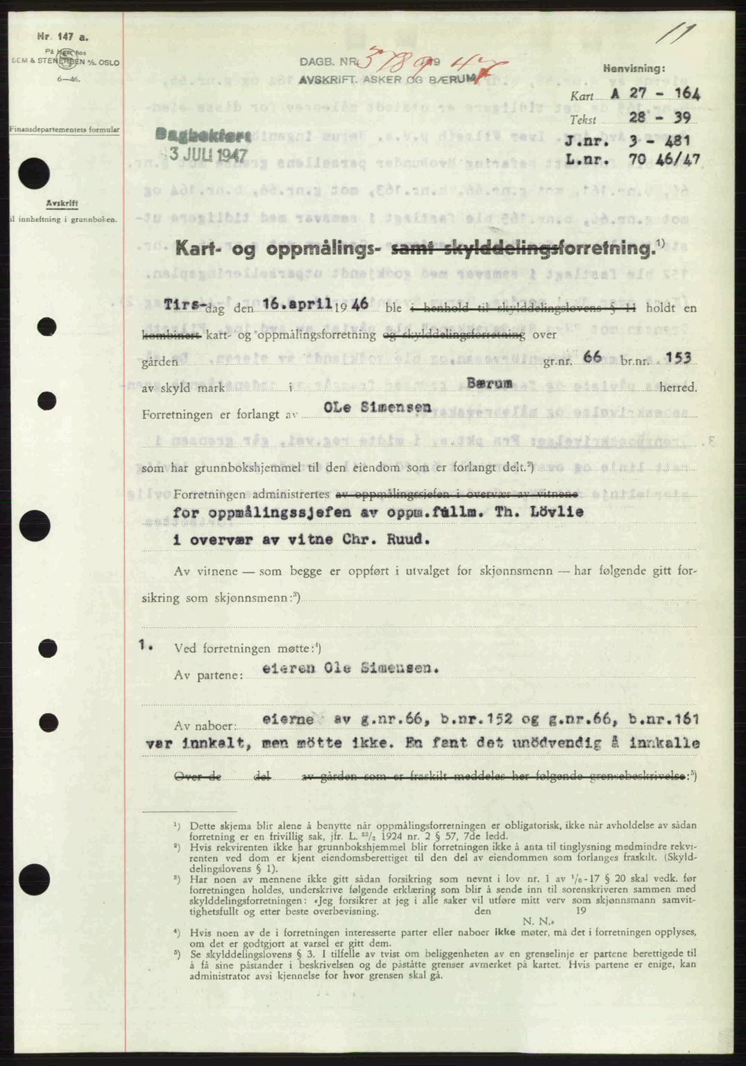 Aker herredsskriveri, AV/SAO-A-10896/G/Gb/Gbb/Gbbb/L0039: Mortgage book no. A85, 1947-1947, Diary no: : 3789/1947