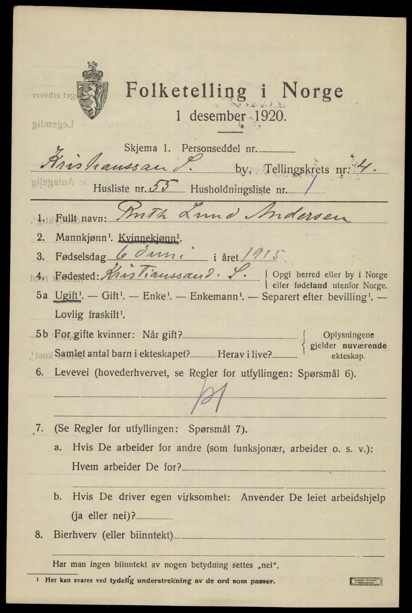 SAK, 1920 census for Kristiansand, 1920, p. 28265