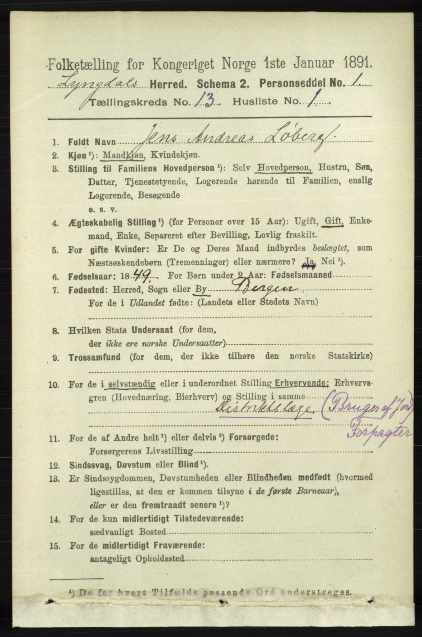 RA, 1891 census for 1032 Lyngdal, 1891, p. 5602