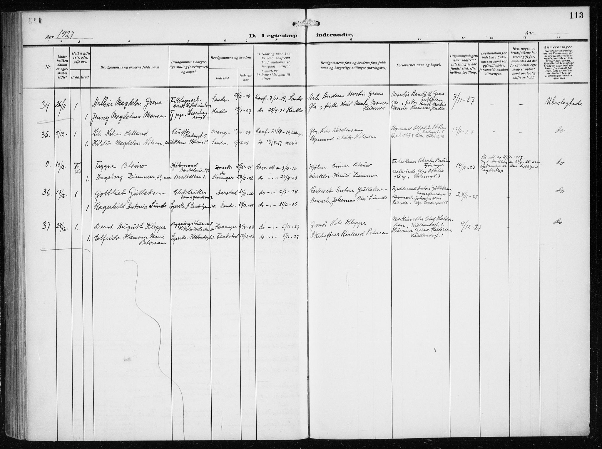 Mariakirken Sokneprestembete, AV/SAB-A-76901/H/Haa/L0015: Parish register (official) no. C 3, 1913-1927, p. 113