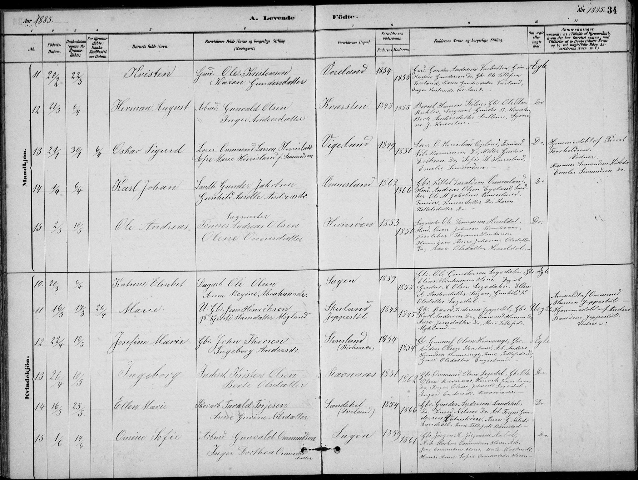 Vennesla sokneprestkontor, AV/SAK-1111-0045/Fb/Fbb/L0003: Parish register (copy) no. B 3, 1879-1893, p. 34