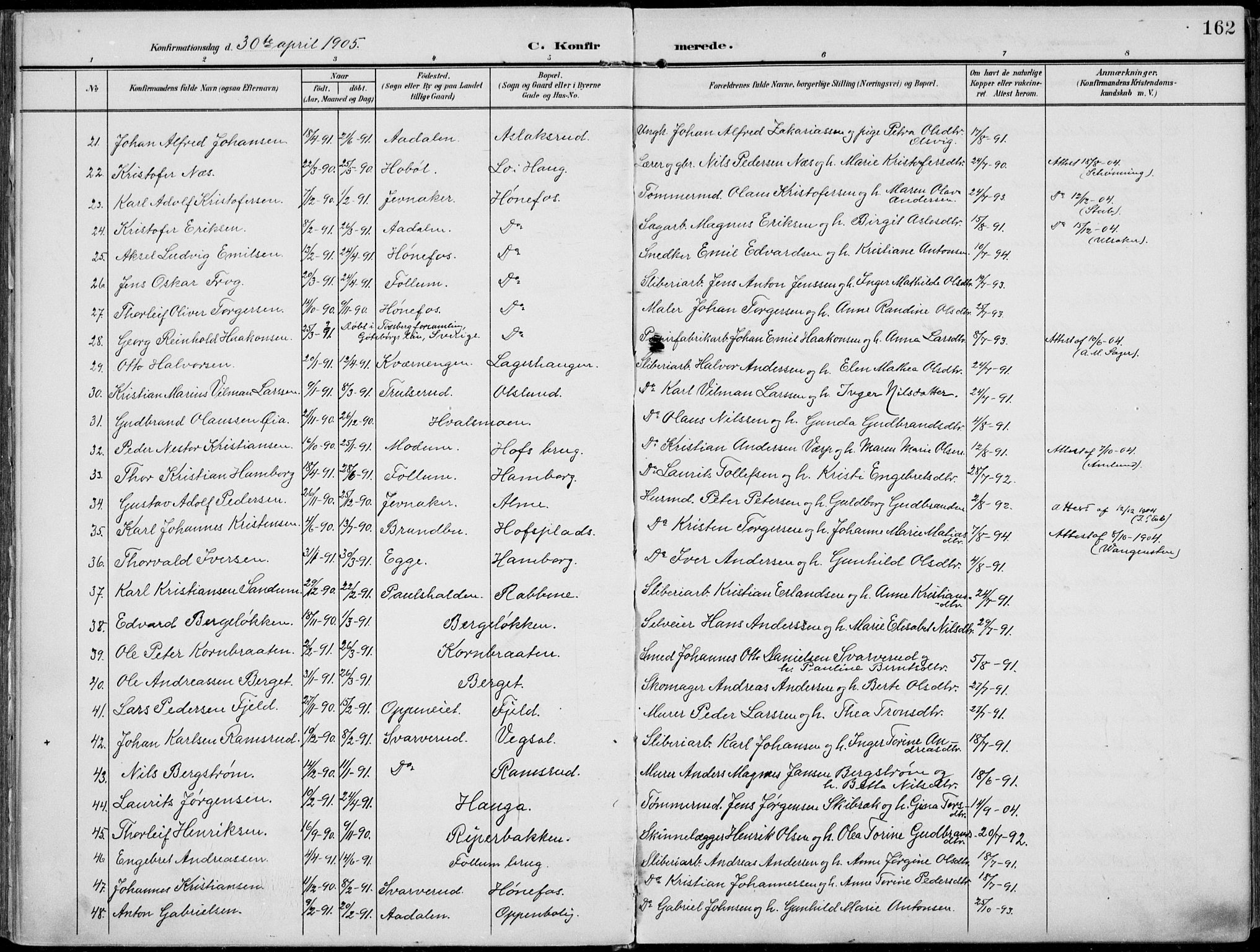 Norderhov kirkebøker, AV/SAKO-A-237/F/Fa/L0017: Parish register (official) no. 17, 1903-1919, p. 162