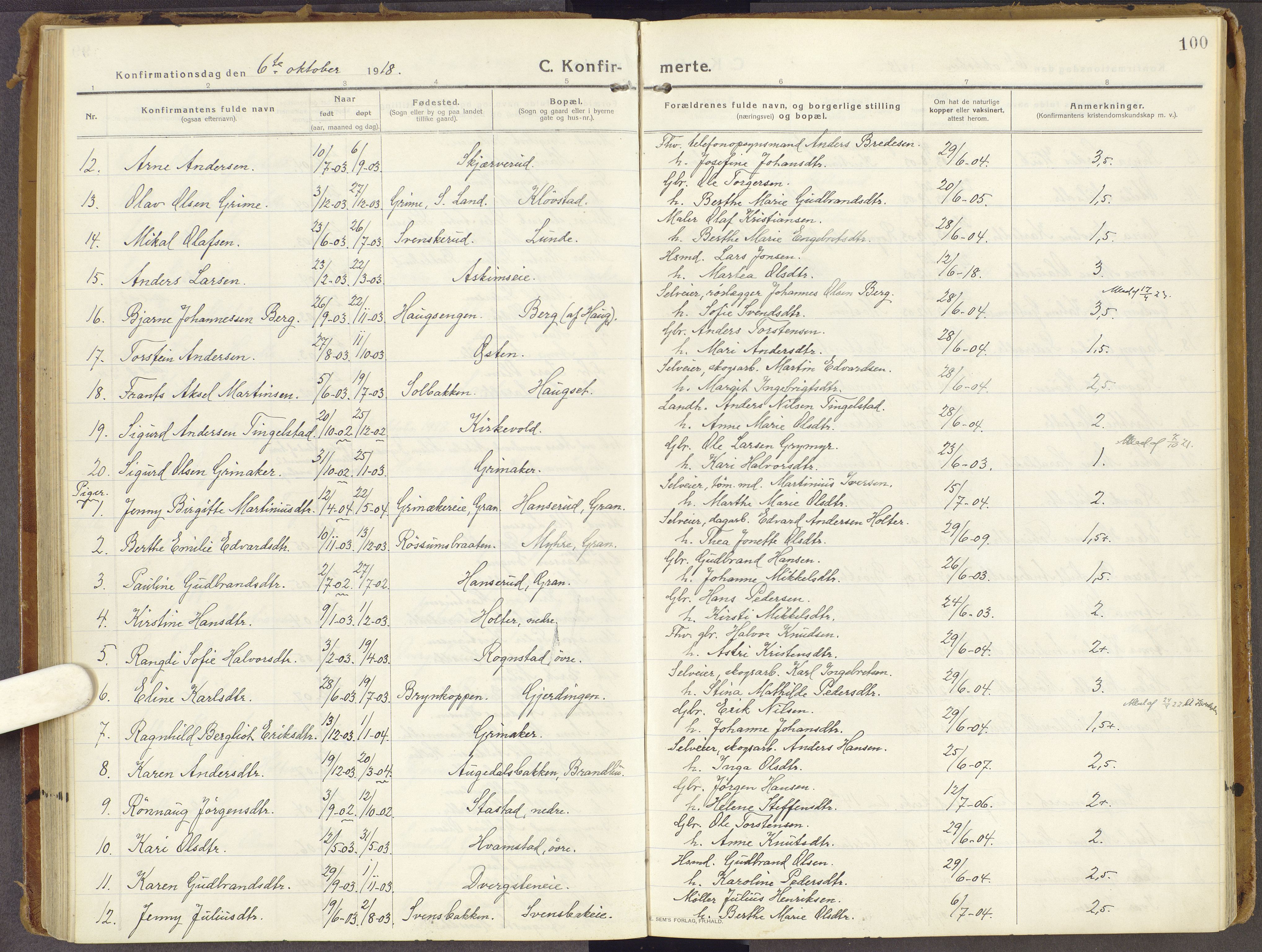 Brandbu prestekontor, SAH/PREST-114/H/Ha/Haa/L0003: Parish register (official) no. 3, 1914-1928, p. 100