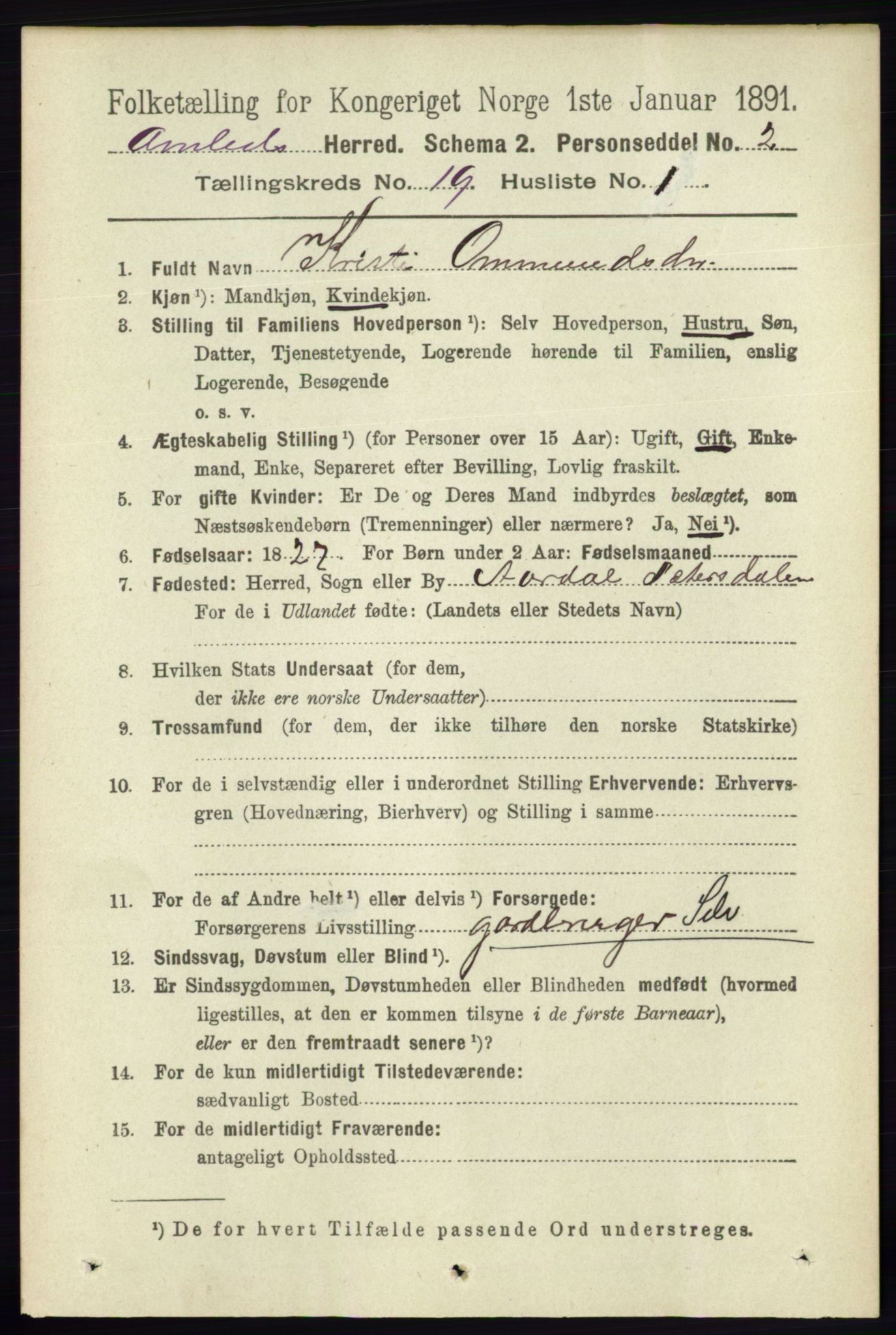 RA, 1891 census for 0929 Åmli, 1891, p. 3143