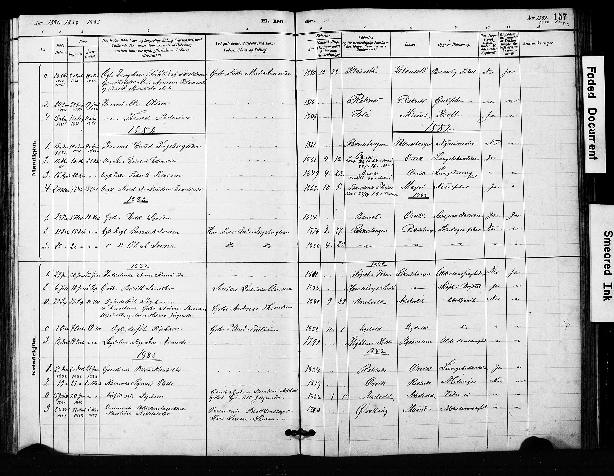 Ministerialprotokoller, klokkerbøker og fødselsregistre - Møre og Romsdal, SAT/A-1454/563/L0737: Parish register (copy) no. 563C01, 1878-1916, p. 157