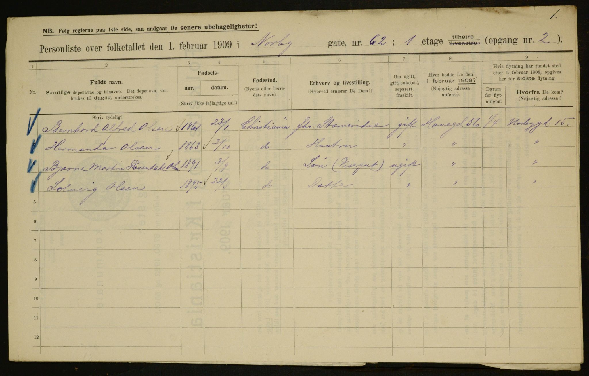 OBA, Municipal Census 1909 for Kristiania, 1909, p. 65318