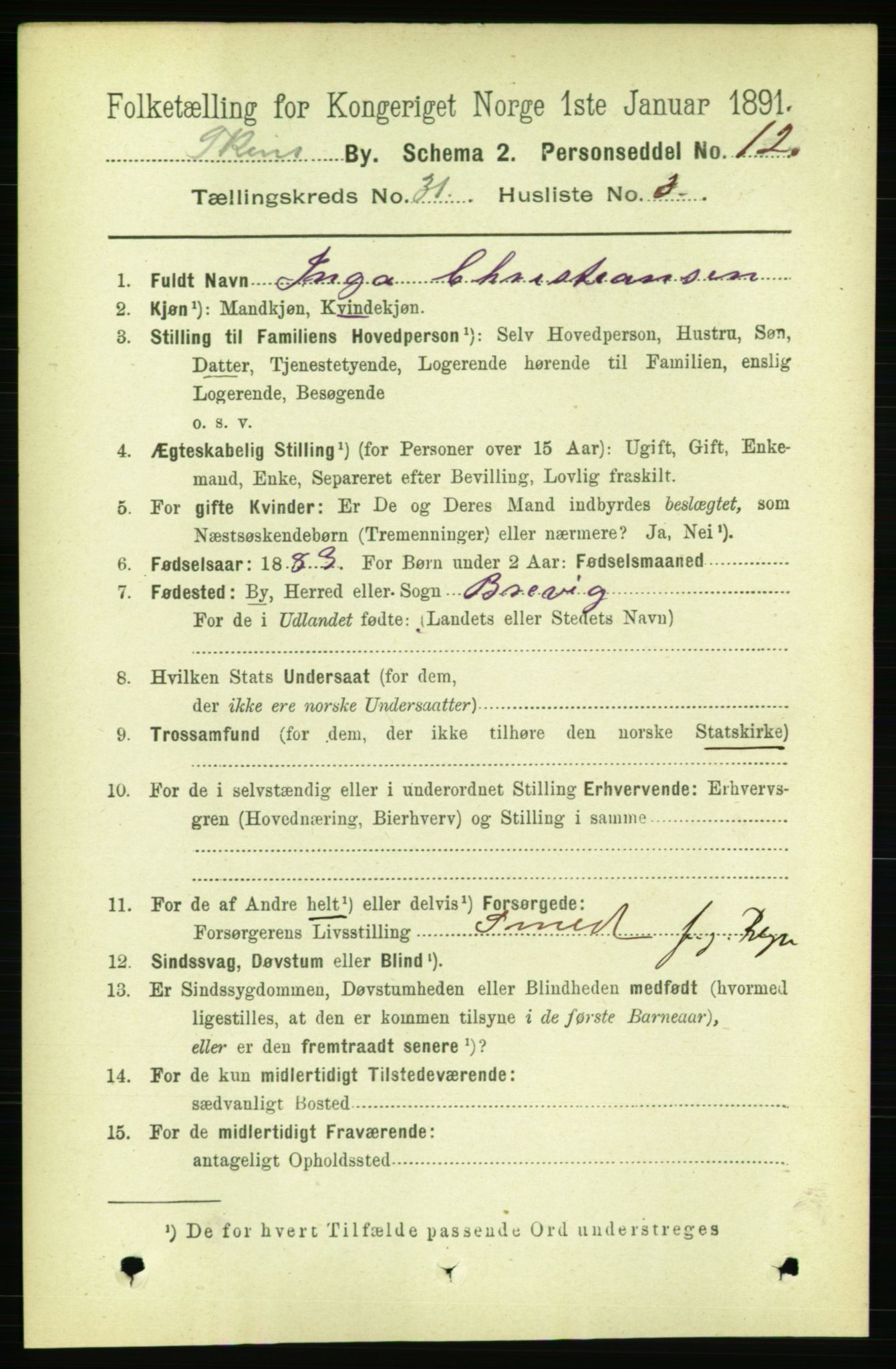 RA, 1891 census for 0806 Skien, 1891, p. 7057